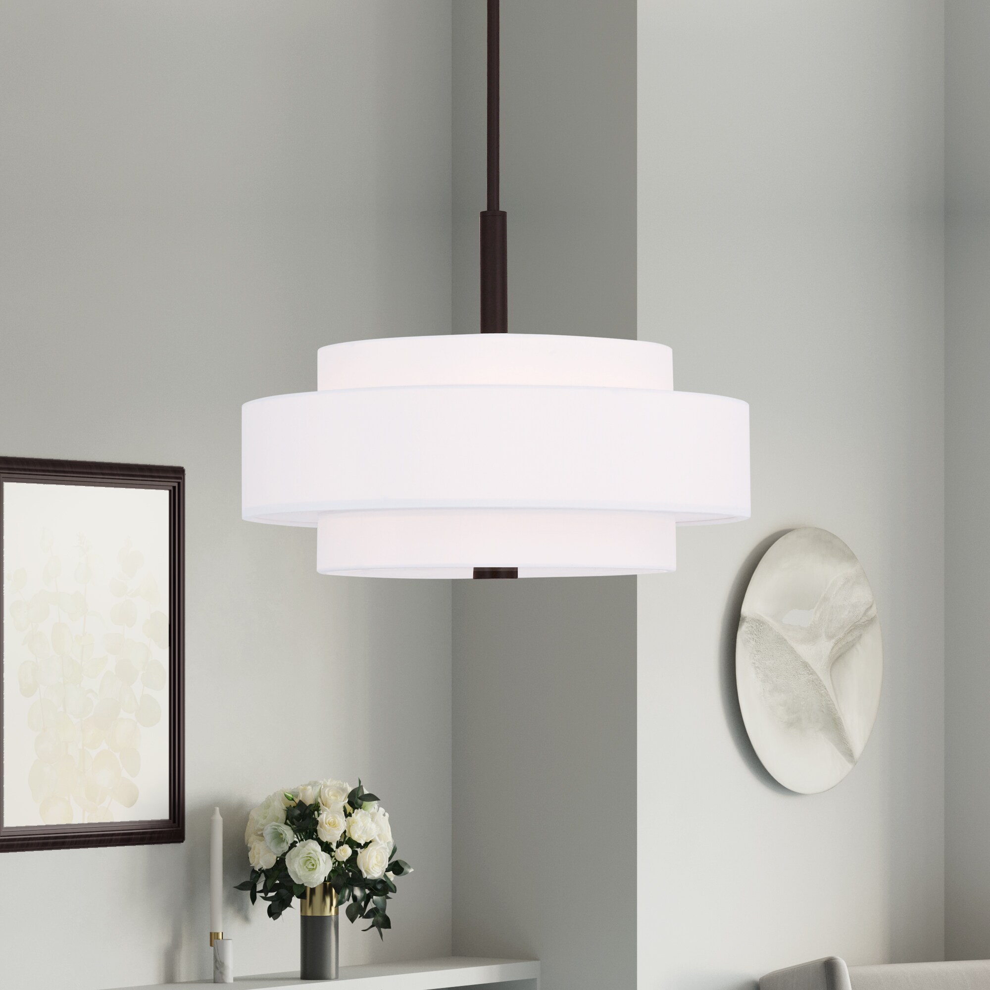 Bronze 4-Light Pendant with Off-White Drum Shade