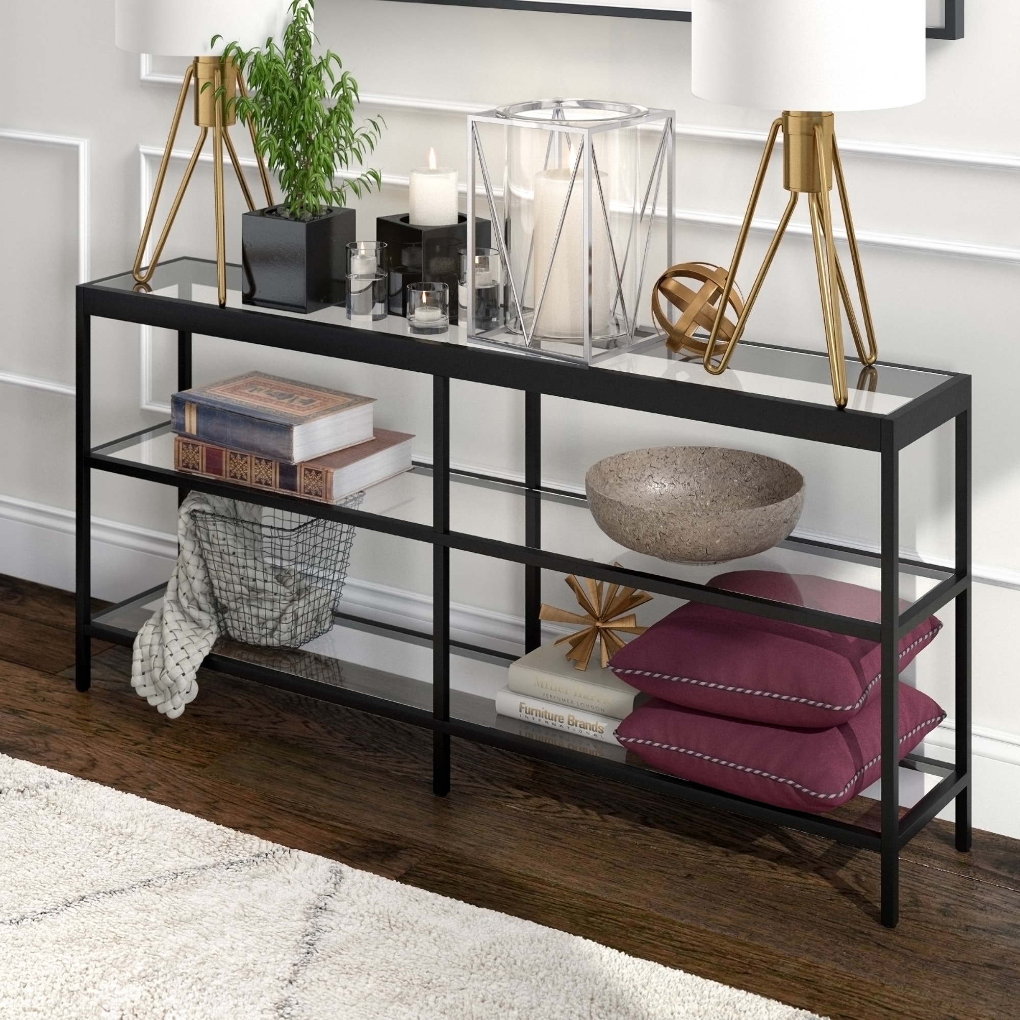 Evelyn Modern Blackened Bronze Console Table with Tempered Glass Shelves
