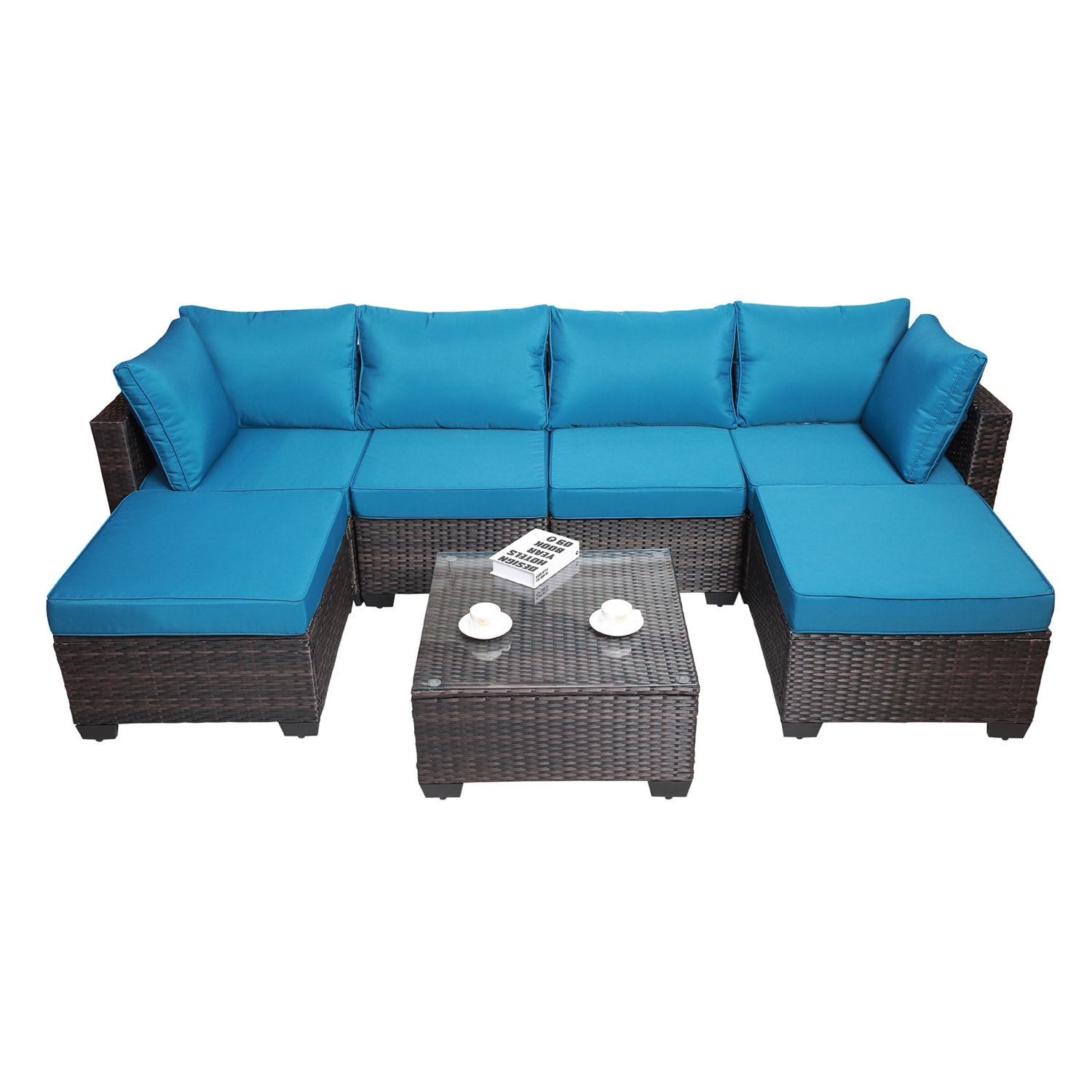 Bybafun YA0200107 Wicker Outdoor Sectional with Blue Cushions and Wicker Frame