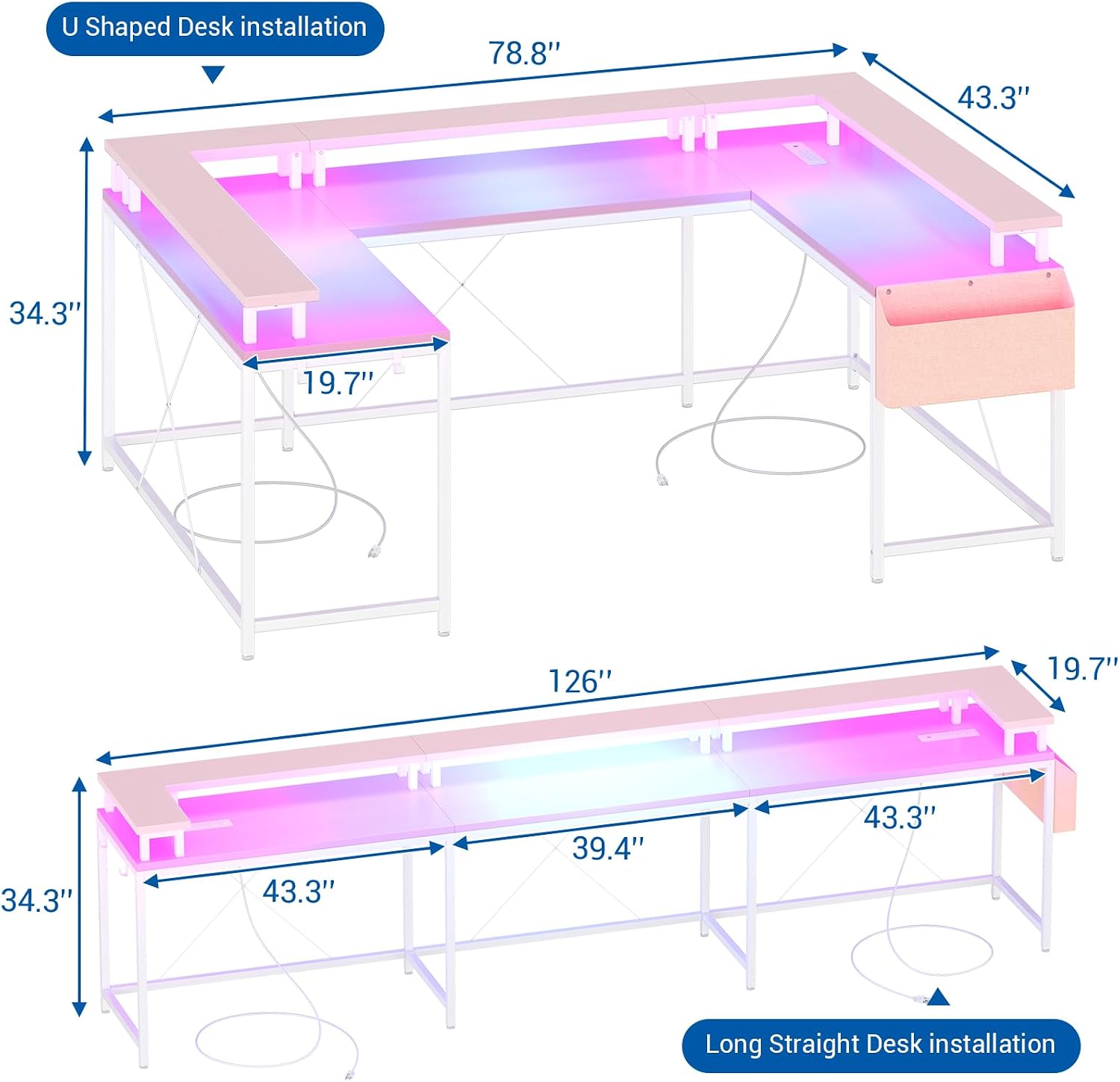 GAOMON 2-in-1 79-in U-Shaped Computer Desk with Power Outlets LED ...