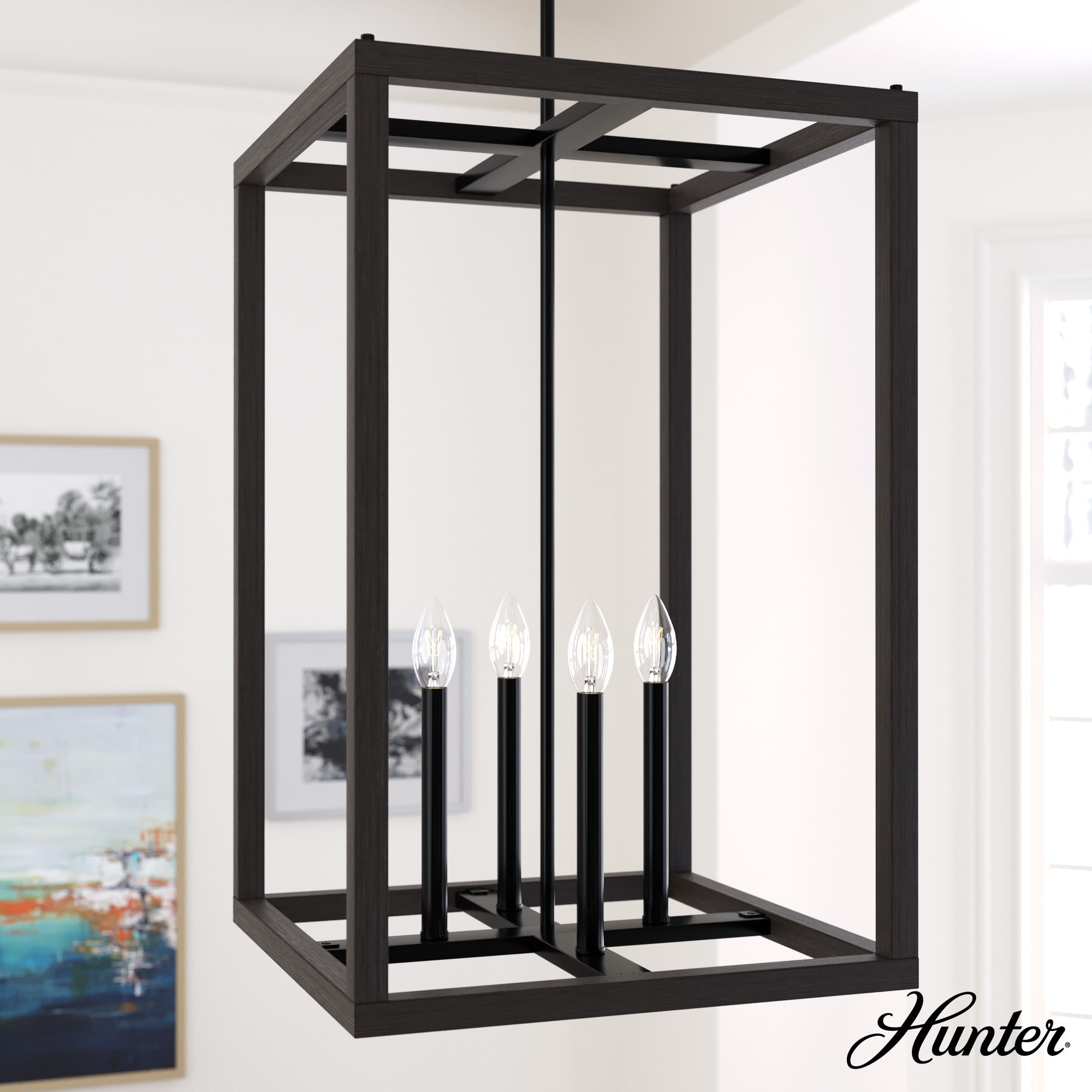 Hunter 19677 Squire Manor 4 -Light Matte Black Modern/contemporary Square Medium Hanging Kitchen island light