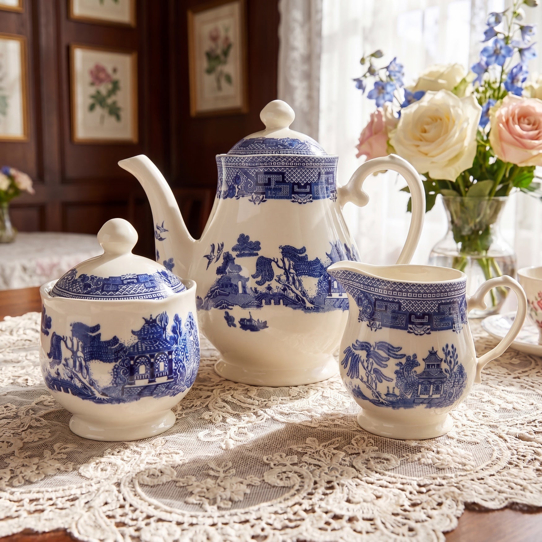 BrylaneHome Blue Willow 3 Piece Teapot Sugar and Creamer Set
