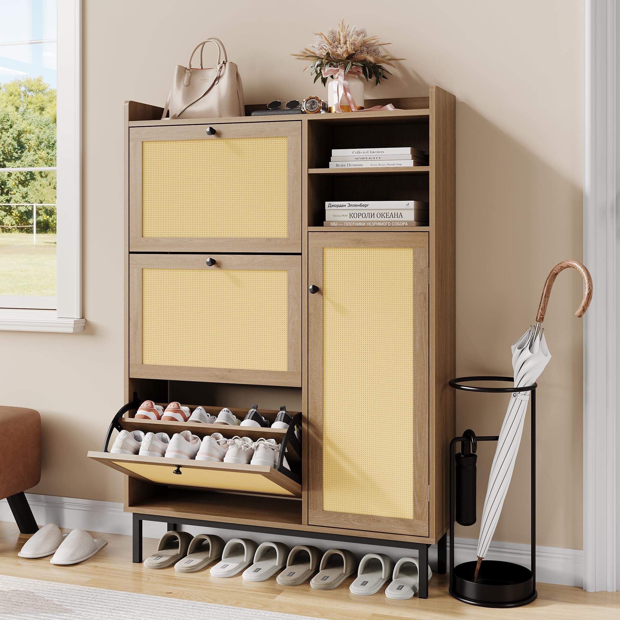 IdealHouse Modern Rattan Shoe Cabinet for Entryway 3 Turnover flop Drawers 5 Tier Shelves Freestanding Storage Organizer Sleek Hallway Furniture