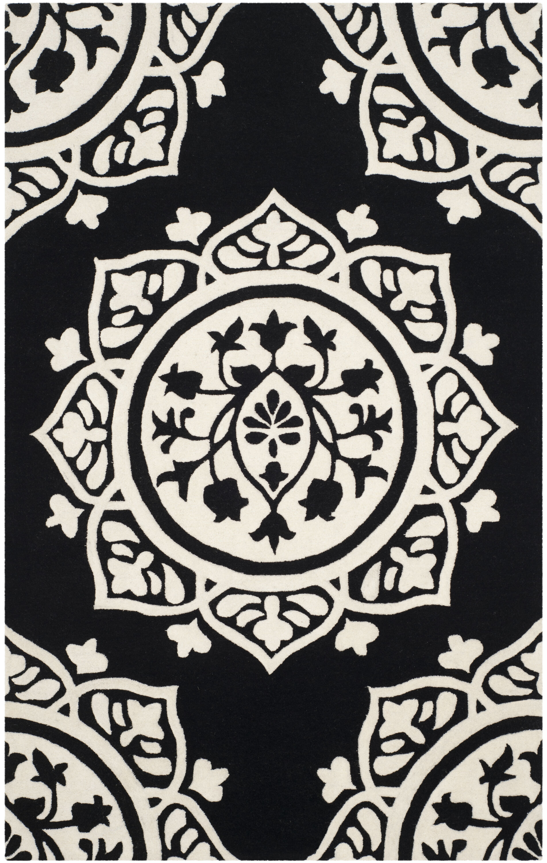 Safavieh BEL136D-4 Bella Zaria 4 x 6 (ft) Tufted Wool Black/Ivory Rectangular Indoor Medallion Farmhouse/Cottage Area rug