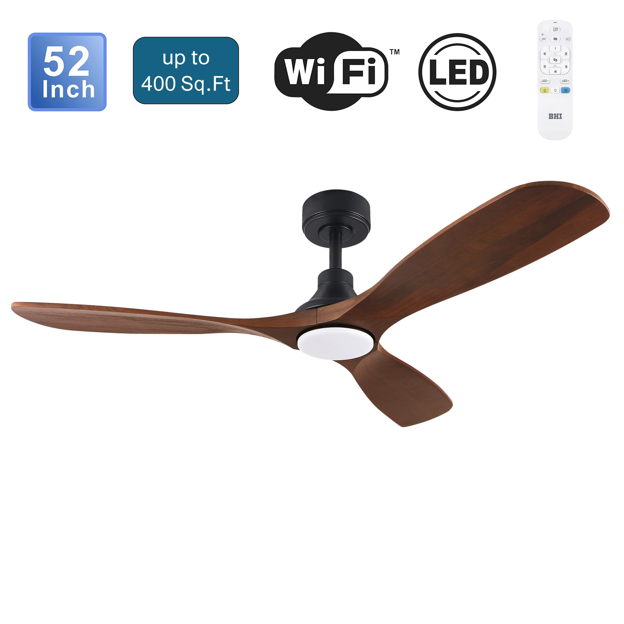 BHI BHI-52-YJ682 ARES 52-in Color-Changing Integrated LED Matte Black with Walnut Wooden Blades Ceiling Fan With Light - Remote Included ( 3 -Blade )