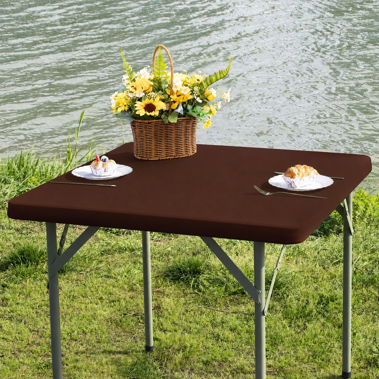 ITOPFOX  Square Fitted Table Cover 34X34 Inch Brown Elastic Spandex Tablecloth Waterproof Table Topper for Dining Kitchen Home Party Easy Care