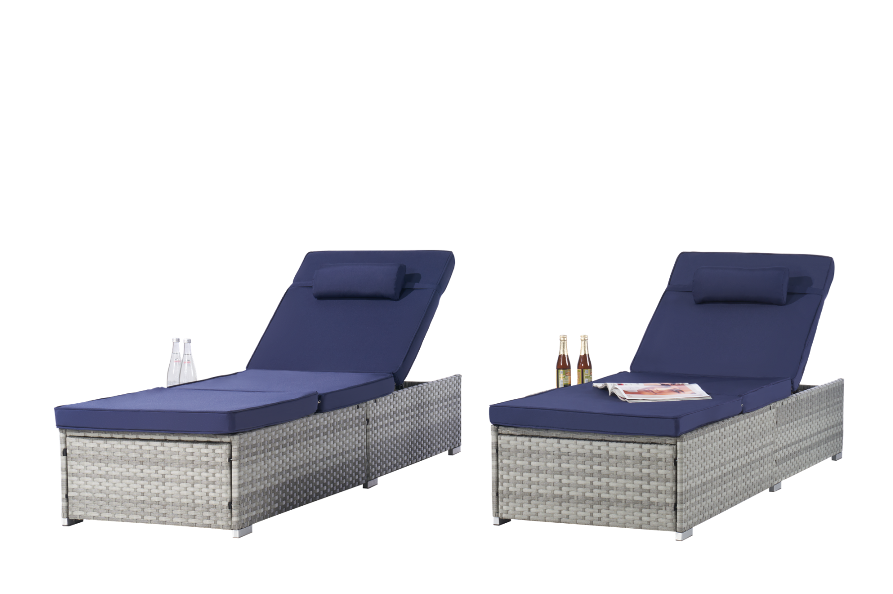 Maocao Hoom BH13289 Set of 2 Outdoor Rattan Lounge Chairs Set of 2 Rattan Black Metal Frame Stationary Chaise Lounge Chair with Blue Cushioned Seat