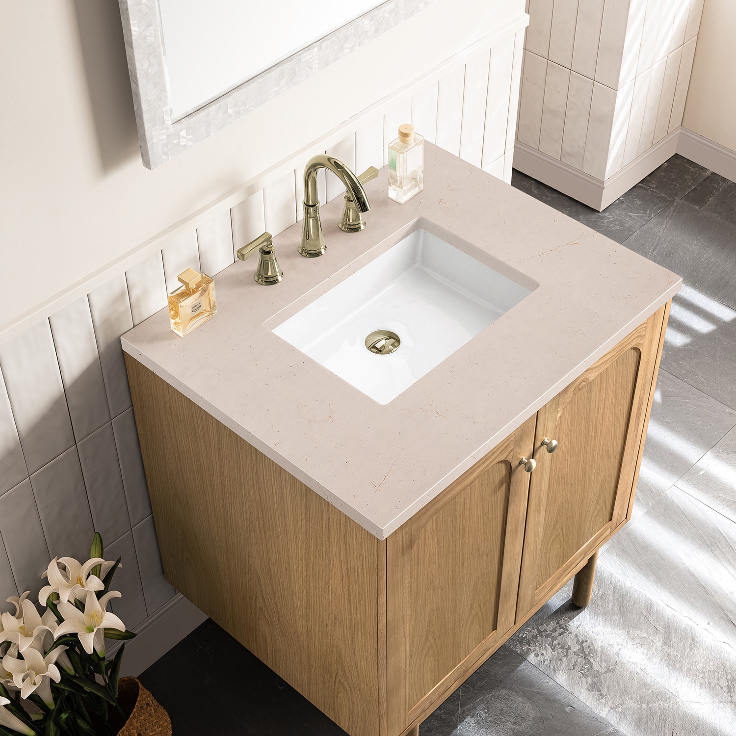 Laurent 30" Light Natural Oak Wall-Mount Single Vanity with Eternal Marfil Top