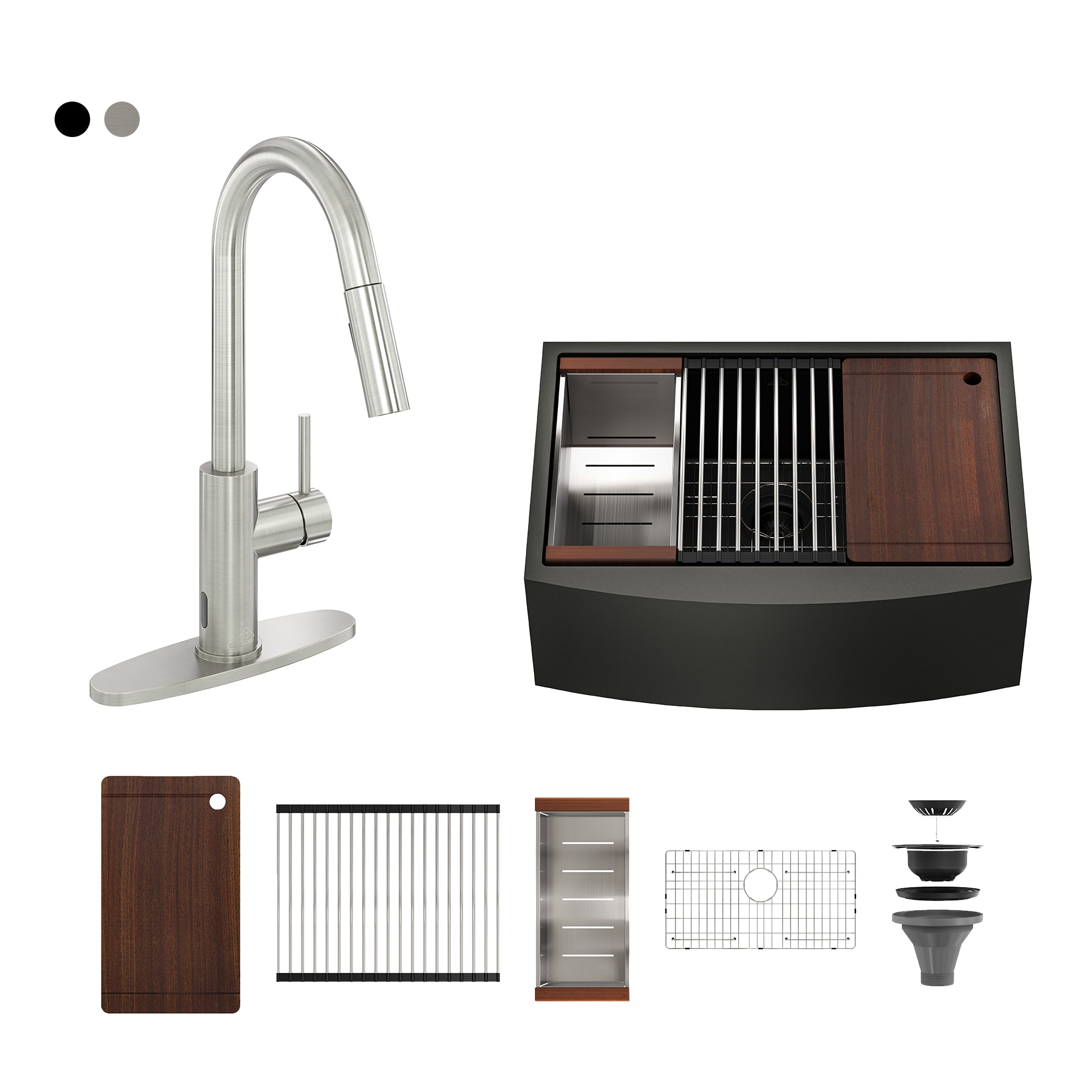 CASAINC Black Fireclay 36 in. Single Bowl Farmhouse Apron Kitchen Sink with Faucet and Accessories All-in-One Kit, 36 in. Matte Black Fireclay Kitchen