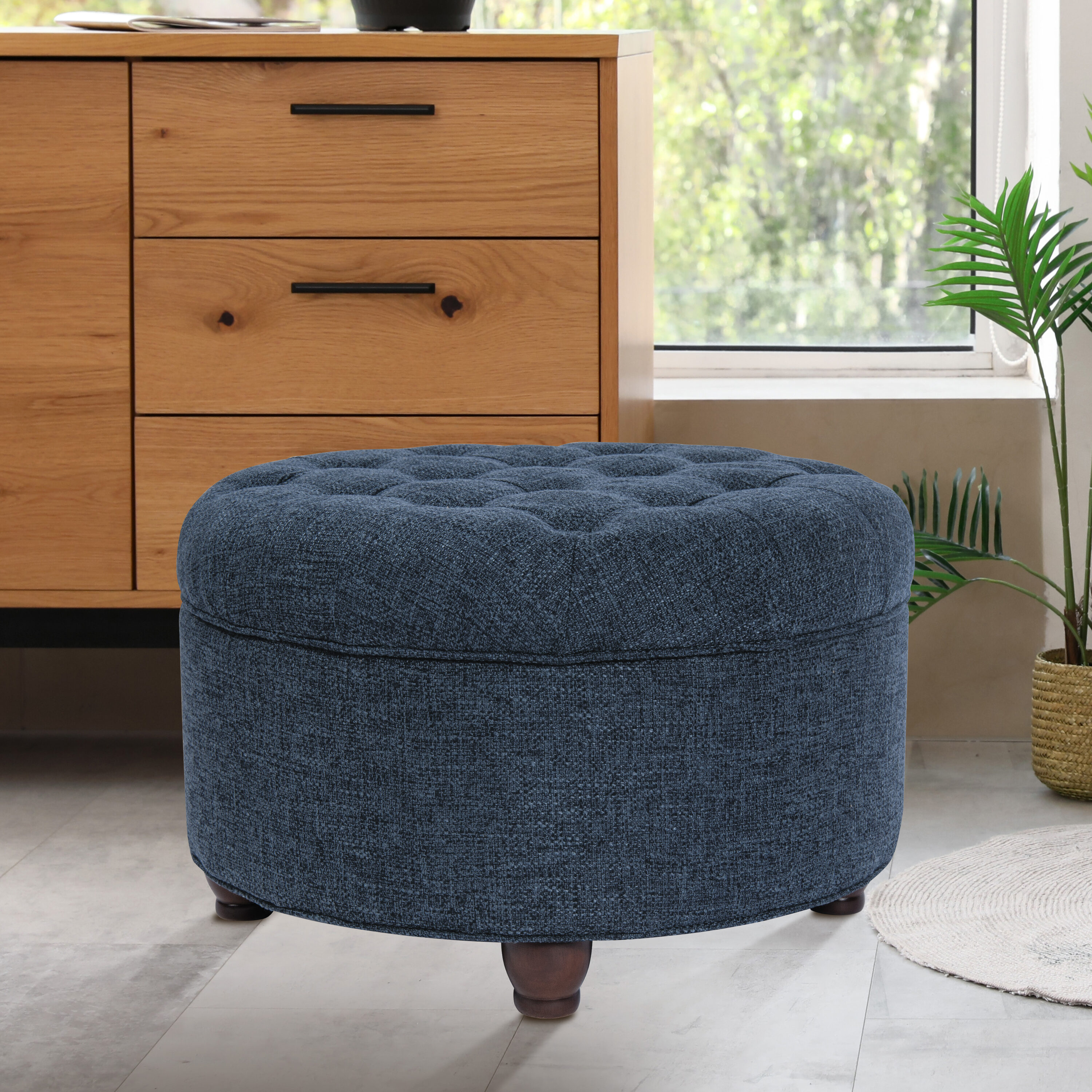 HomePop N8264-F2110 Casual Woven Solid Navy Round Storage Ottoman