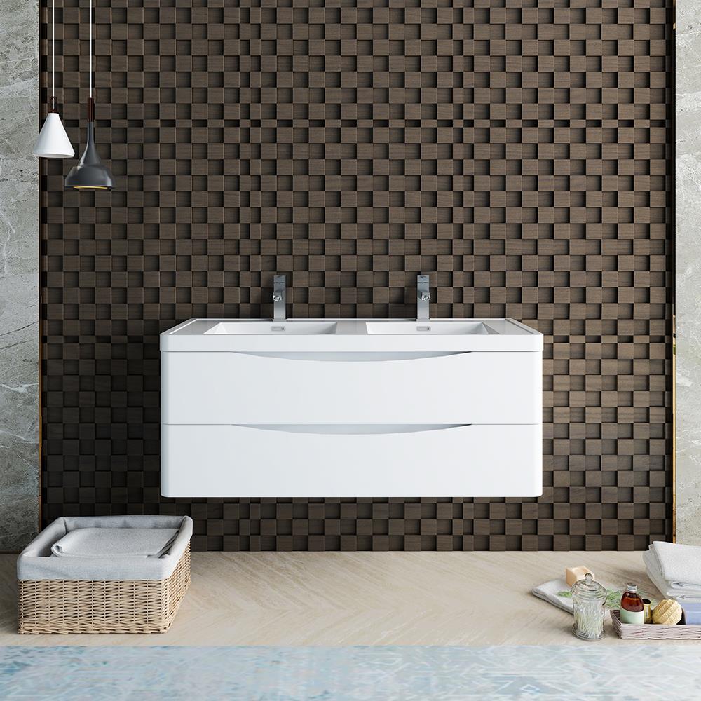 Fresca FCB9048WH-D-I Tuscany 48-in Glossy White Double sink Bathroom Vanity with White Acrylic Top