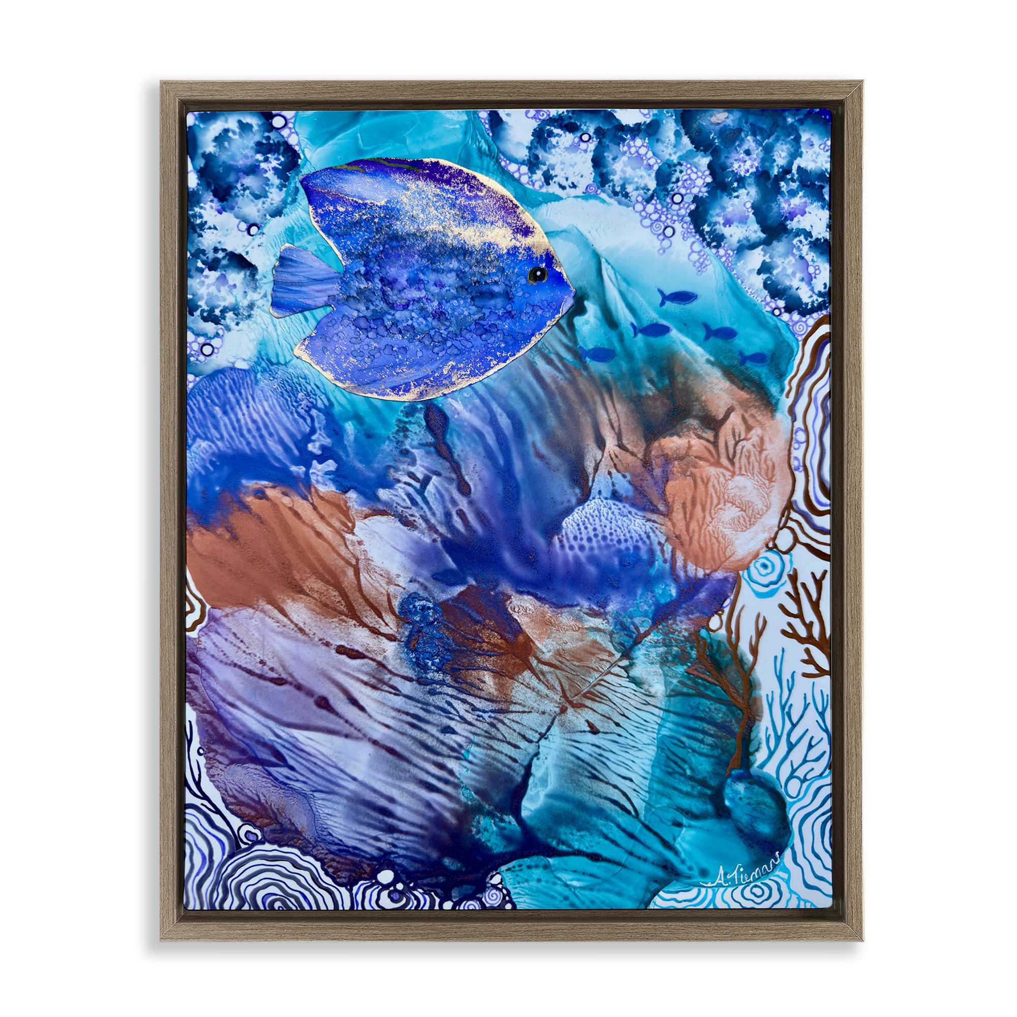 Stupell Industries BT-362-FFE-24X30 Underwater Fish Sea Life Brown Framed Floater Canvas Wall Art By Amy Tieman 25 x 31