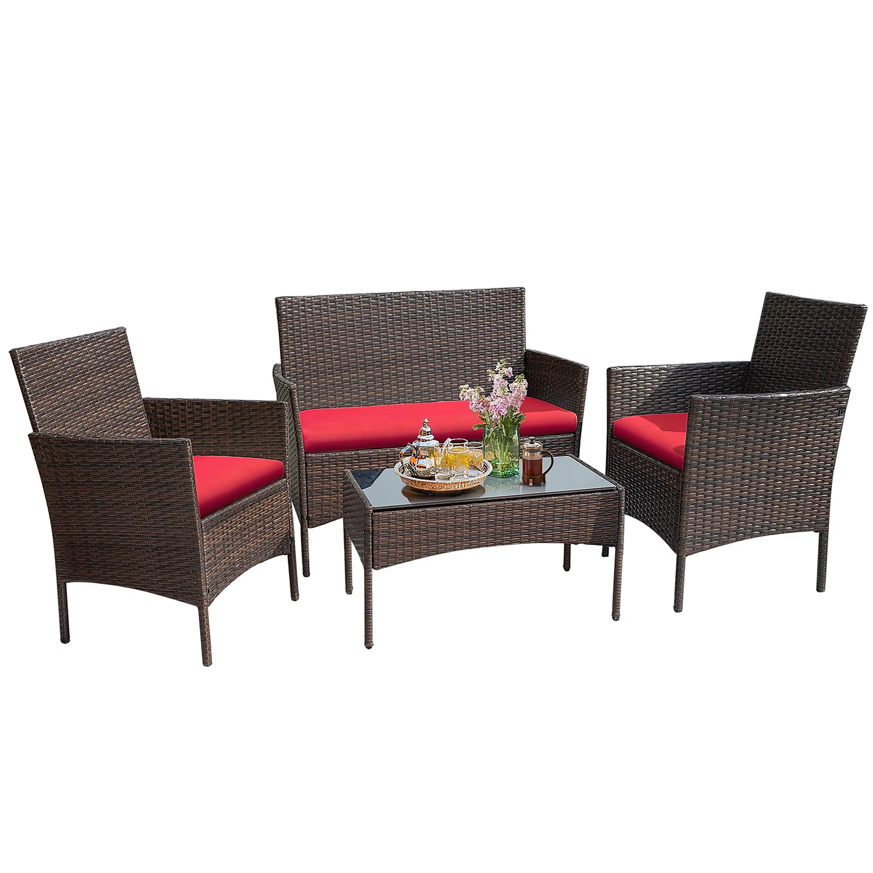 Vineego LS-LCRF834M18 4 -Piece Wicker Patio Conversation Set with Red Cushions