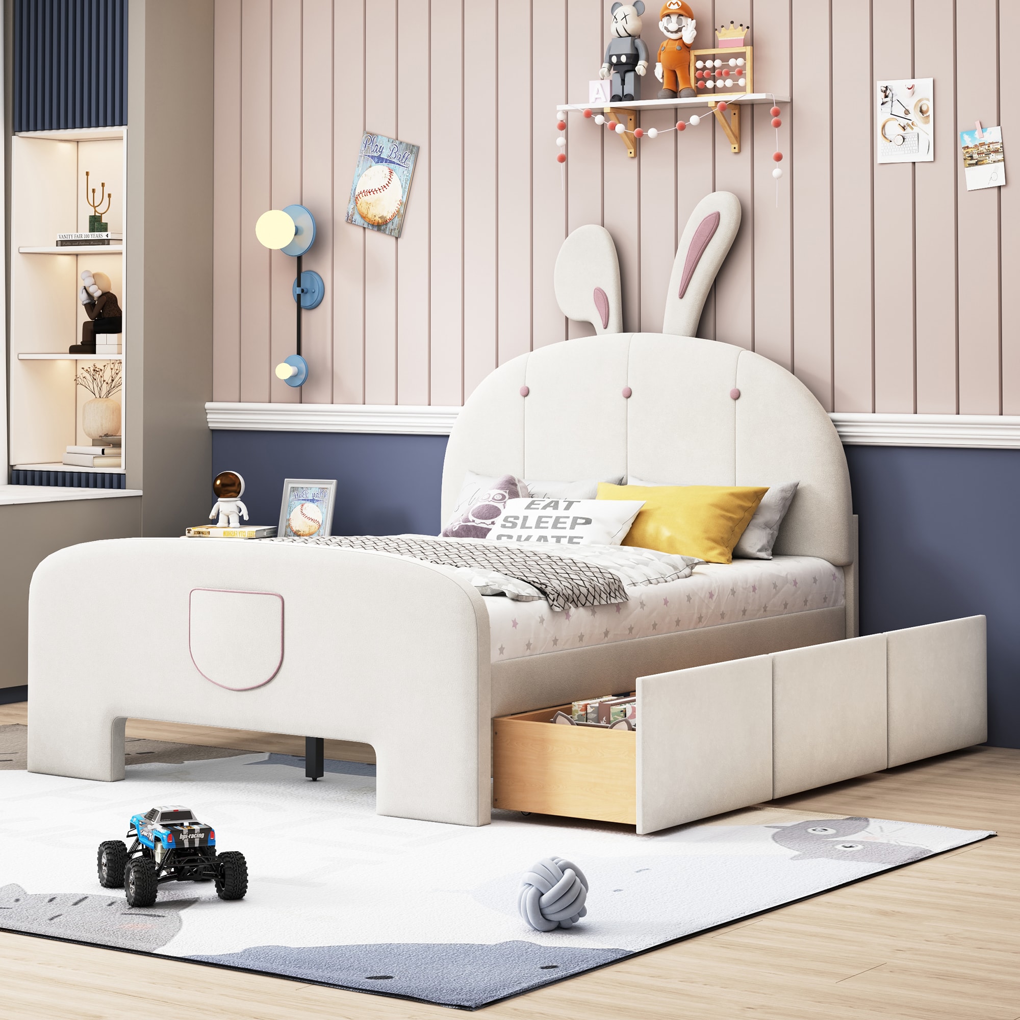 ModernLuxe L3P-SF000141AAA Full Size Velvet Platform Bed with RabbitShaped Headboard with Drawers with BedEnd Storage Pocket Beige