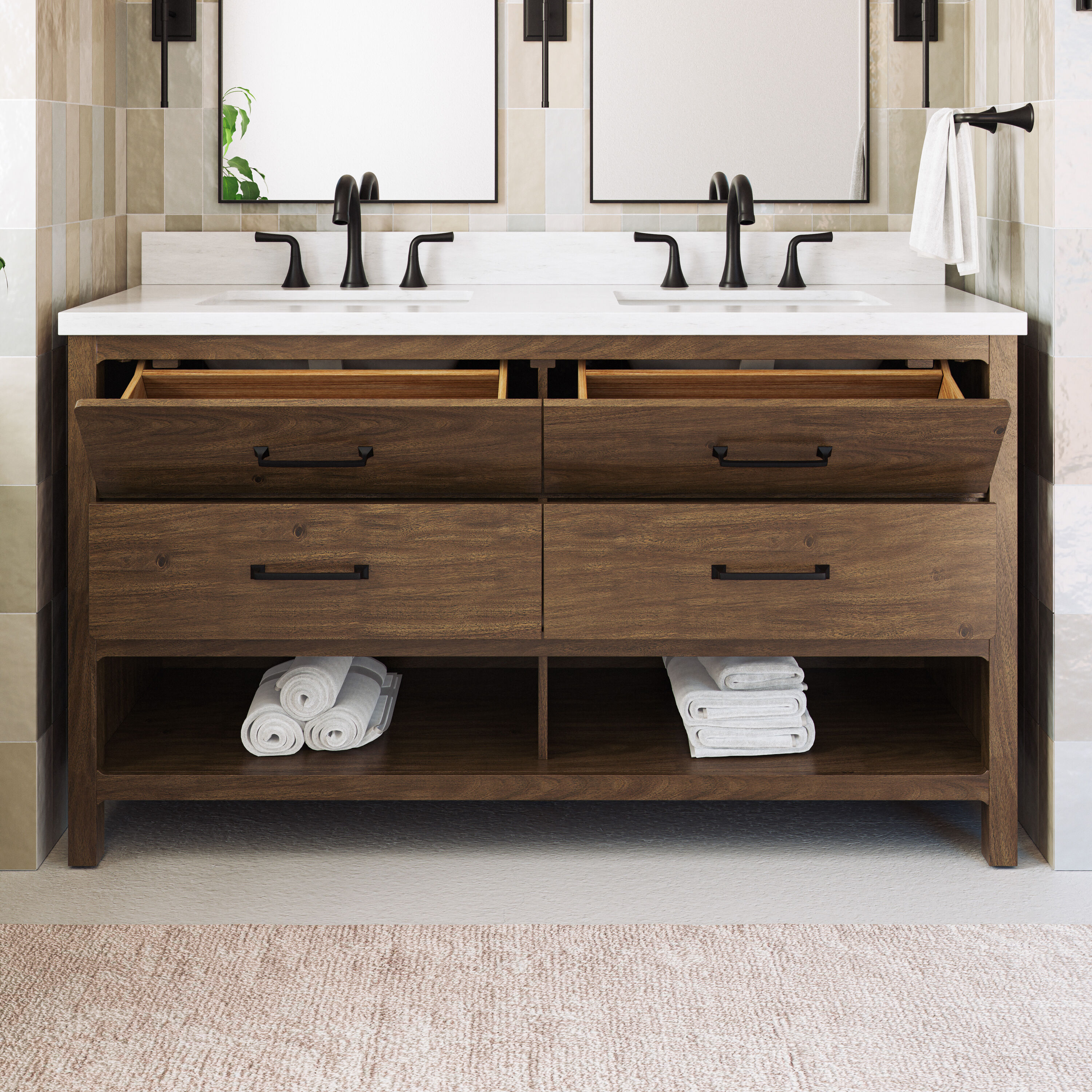 allen + roth Lenhart 60-in Warm Walnut Undermount Double Sink Bathroom ...