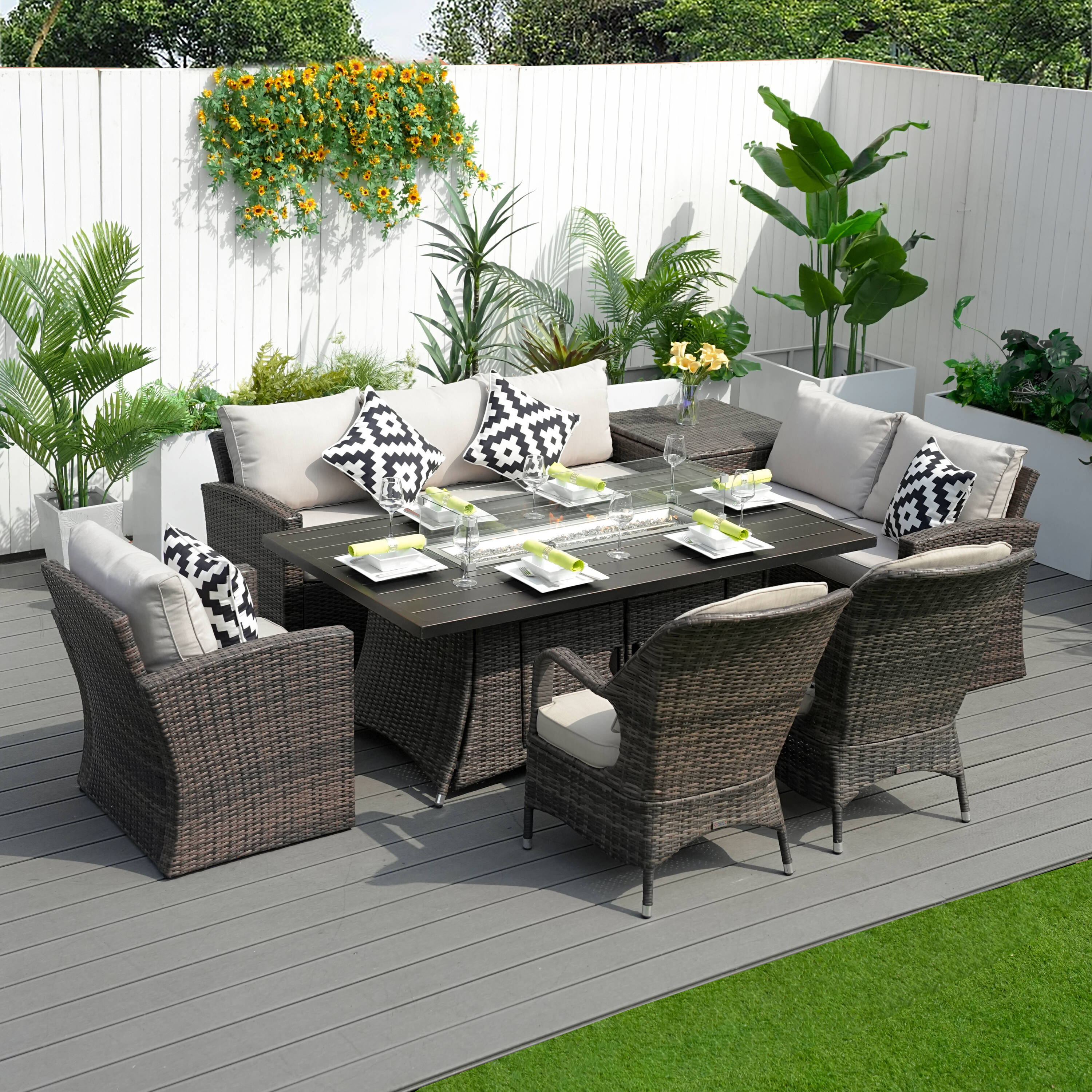 Direct Wicker DWG-1403B06RA09-BR 7 -Piece Beige Wicker Patio Dining Set Aluminum Rectangle Table with 2 Beige Cushions Stationary Chairs Fire Pit Included