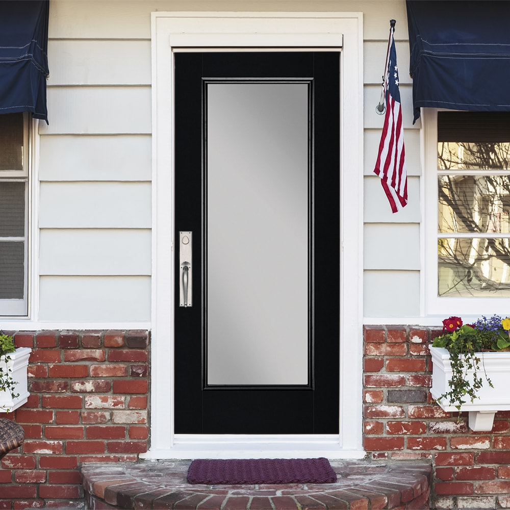 Masonite 1218712 36-in x 80-in x 4-9/16-in Fiberglass Full lite Right-hand inswing Peppercorn Painted Prehung Front Door with Brickmould Insulating core