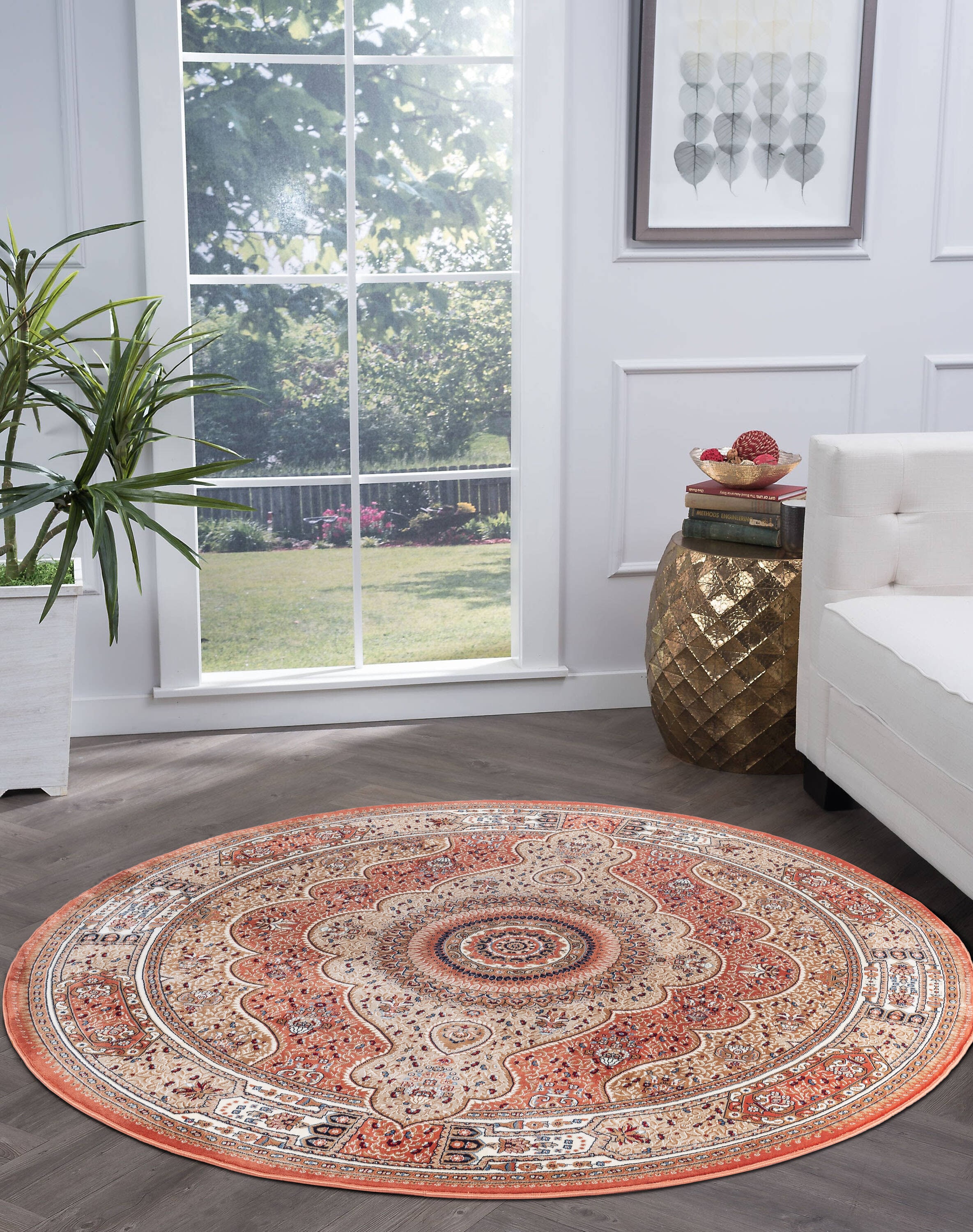 MDA Rugs PE0788 Prime 8 x 8 (ft) Polyester Orange and Multicolor Round Indoor Medallion Area rug
