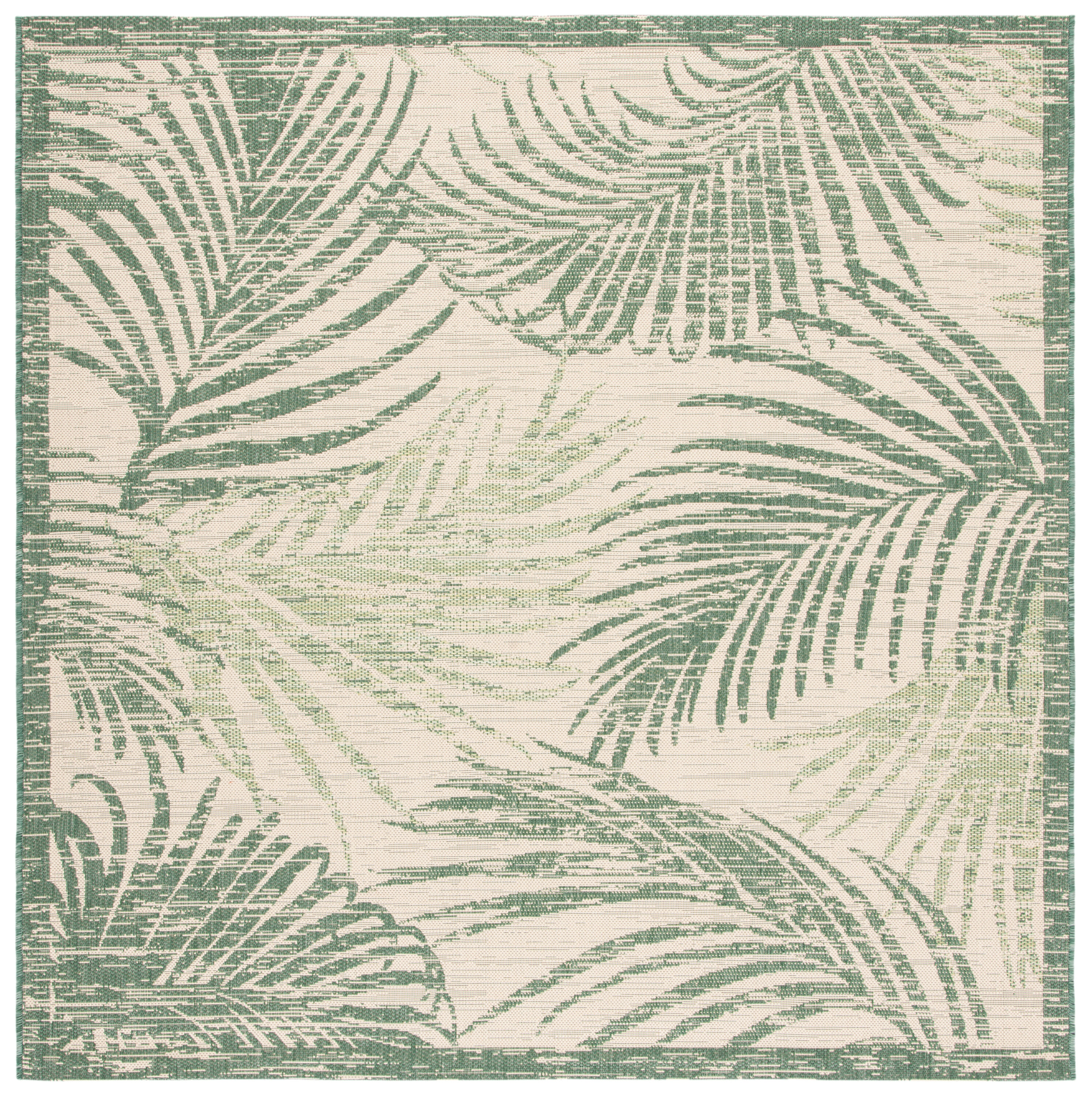 Beige and Green Square Palm Leaf Indoor/Outdoor Rug