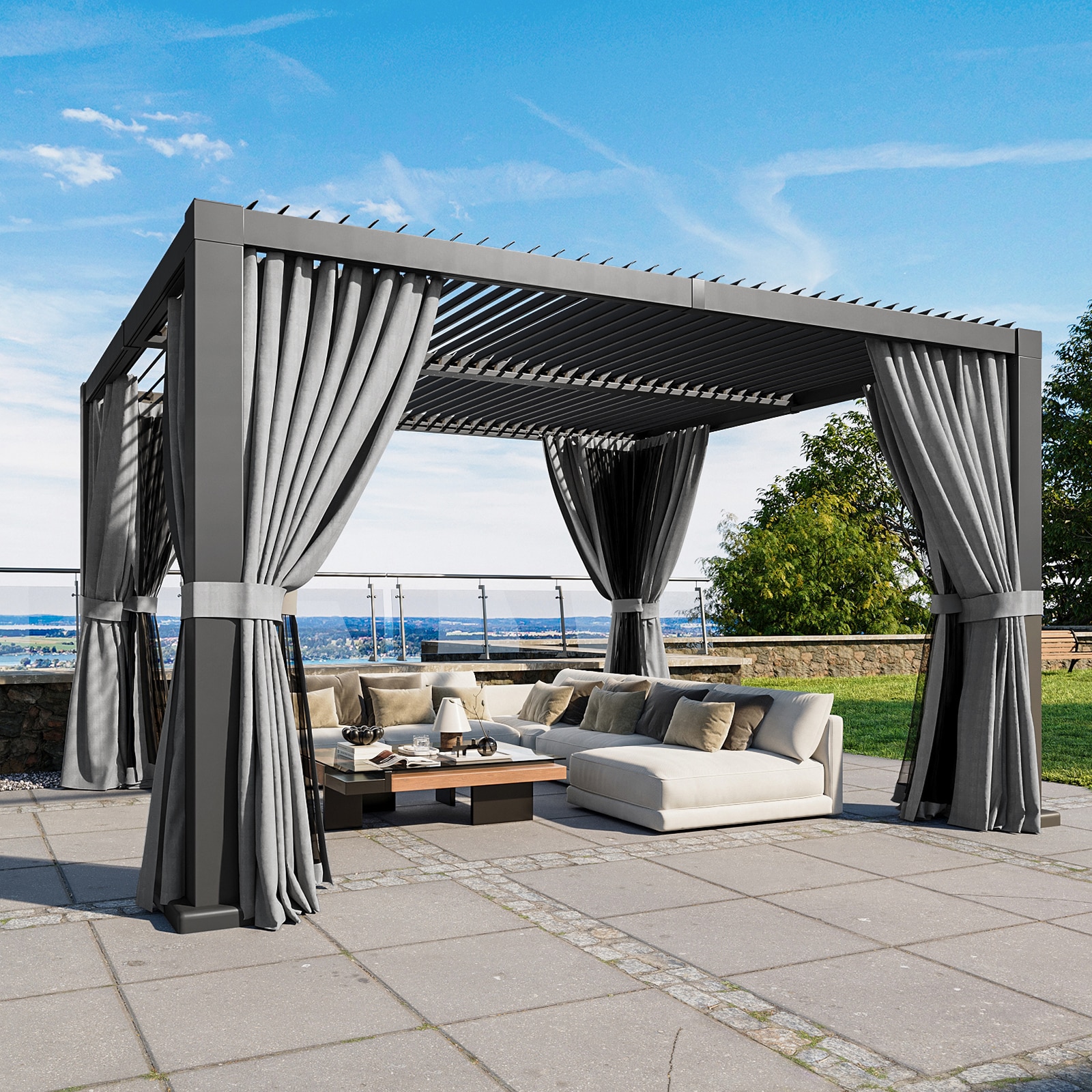 AOXUN AX-403G19 Pergola 14-ft W x 12-ft L x 8-ft H Gray Metal Freestanding Pergola with Canopy