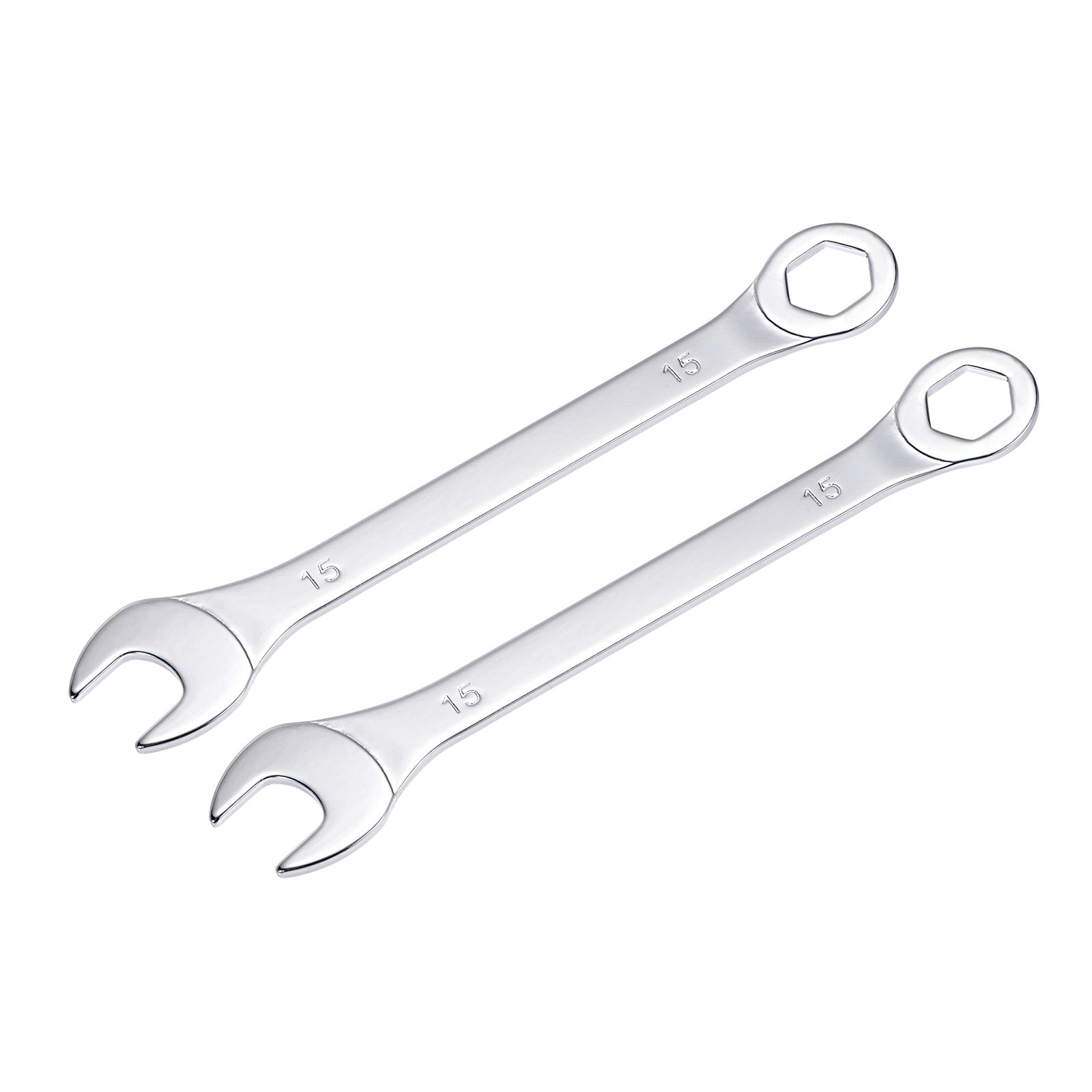 Unique Bargains Thin Combination Wrench with Offset 6-Point End and Angled Open End Metric Mirror-Chrome Plated High Carbon Steel for Household Repairs 15mm 2pcs #S26030900UX1669