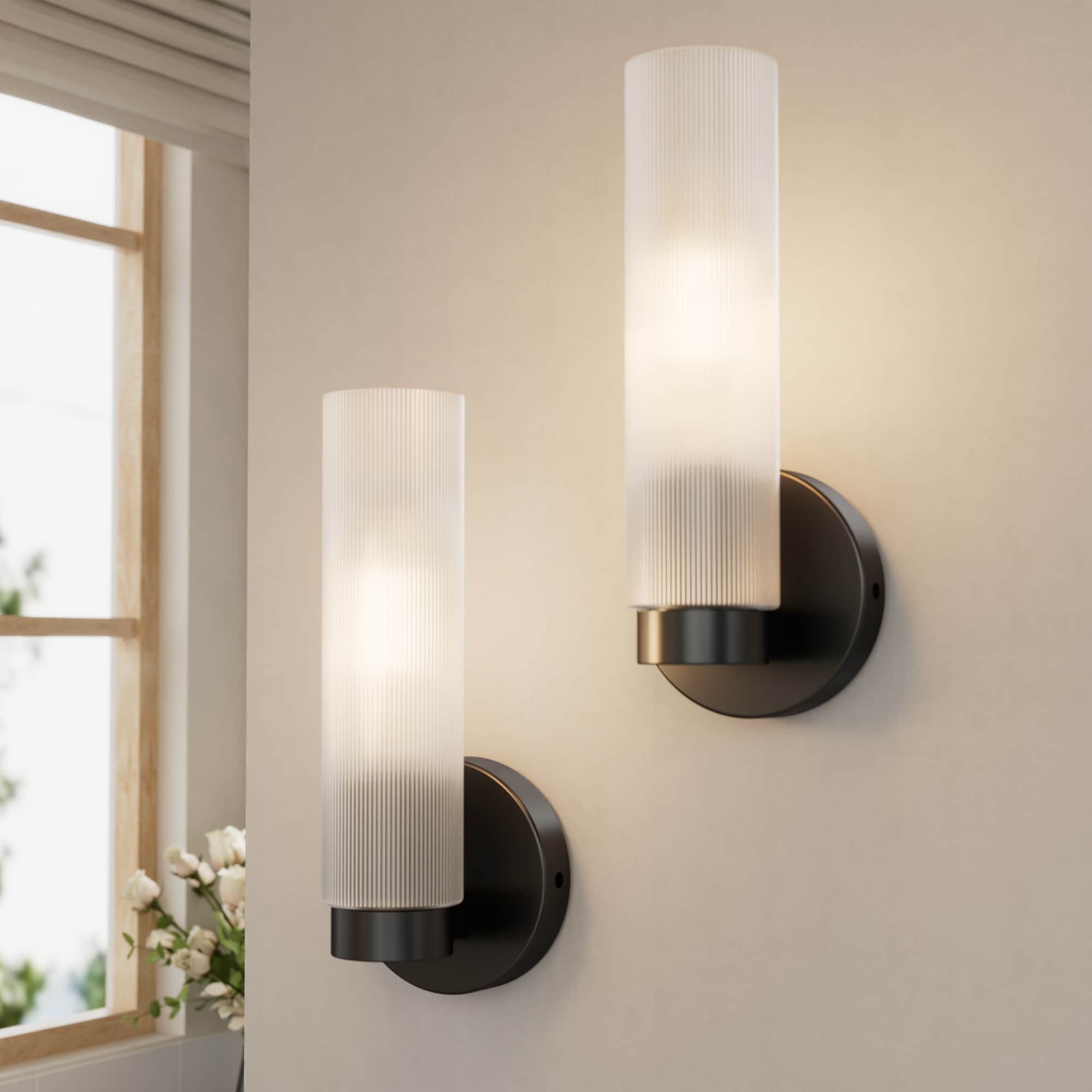 TETOTE  Wall Sconce 4.72-in W 2 -Packs 1 -Light Black Hardwired Damp Rated Frosted Grass Cylindrical Wall Light