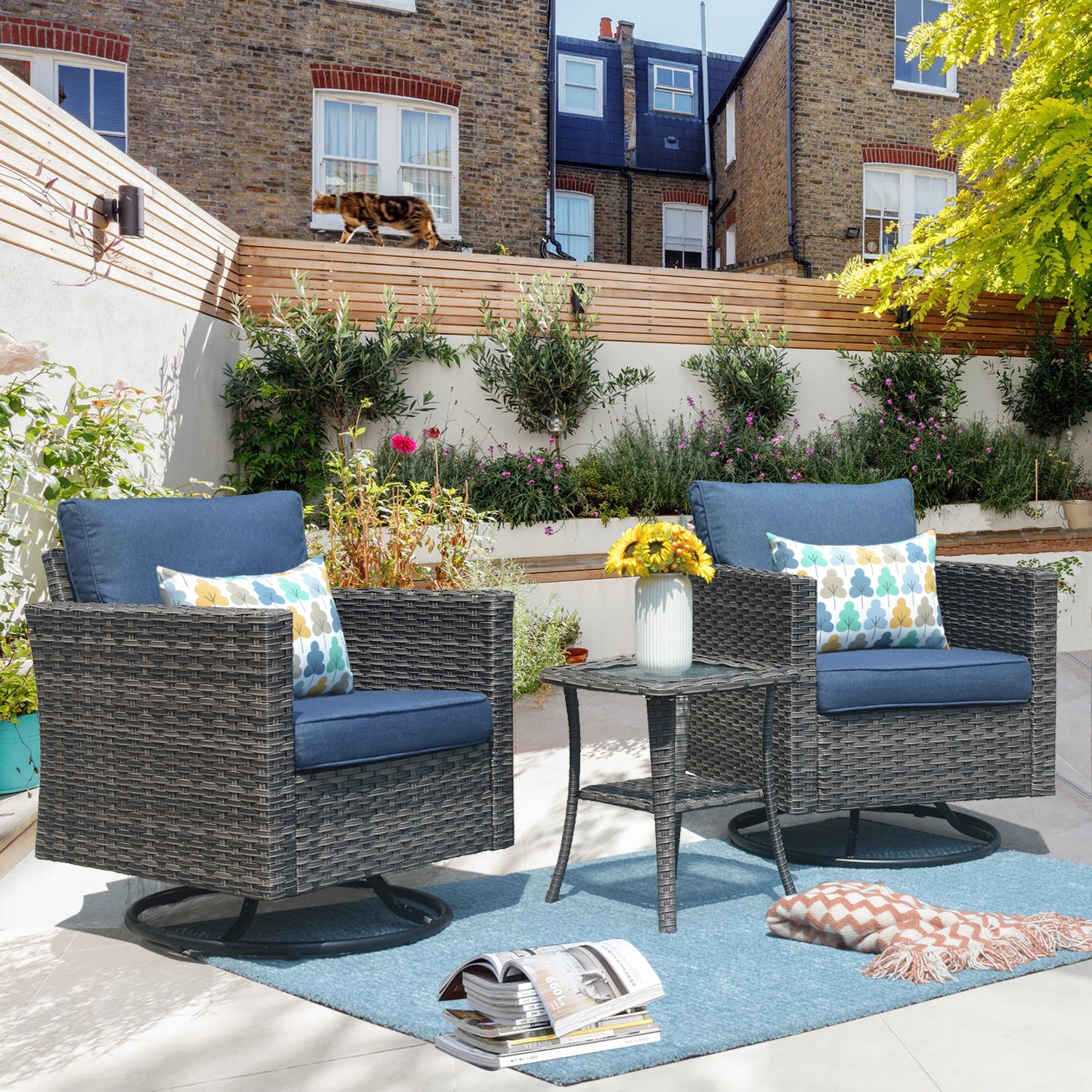 Pouuin SYZGRS303 3 -Piece Wicker Patio Conversation Set with Blue Cushions