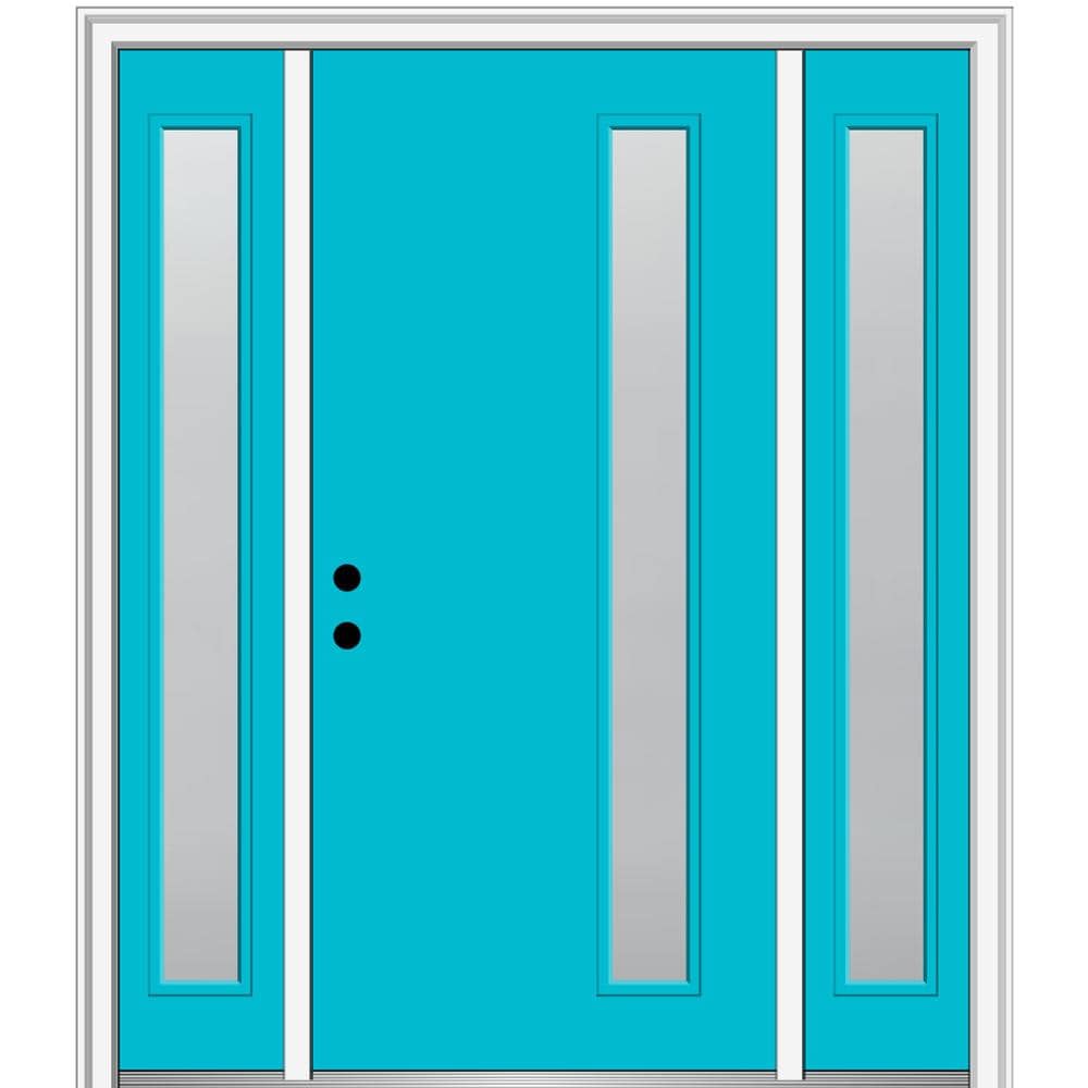 MMI DOOR ZZ347238R Spotlights 60-in x 80-in x 4-9/16-in Fiberglass Full lite Right-hand inswing Bahama Blue Painted Prehung Front Door with Sidelights with Brickmould Insulating core