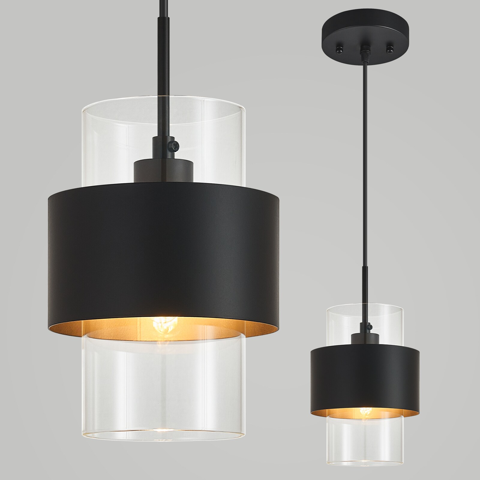 ZHLLMQ Modern 1-Light Cylinder Shade Brushed Black Finish Clear Double Layer Glass Non-Integrated LED 5.51 Inch Kitchen Island Hardwired Mini Pendant Light