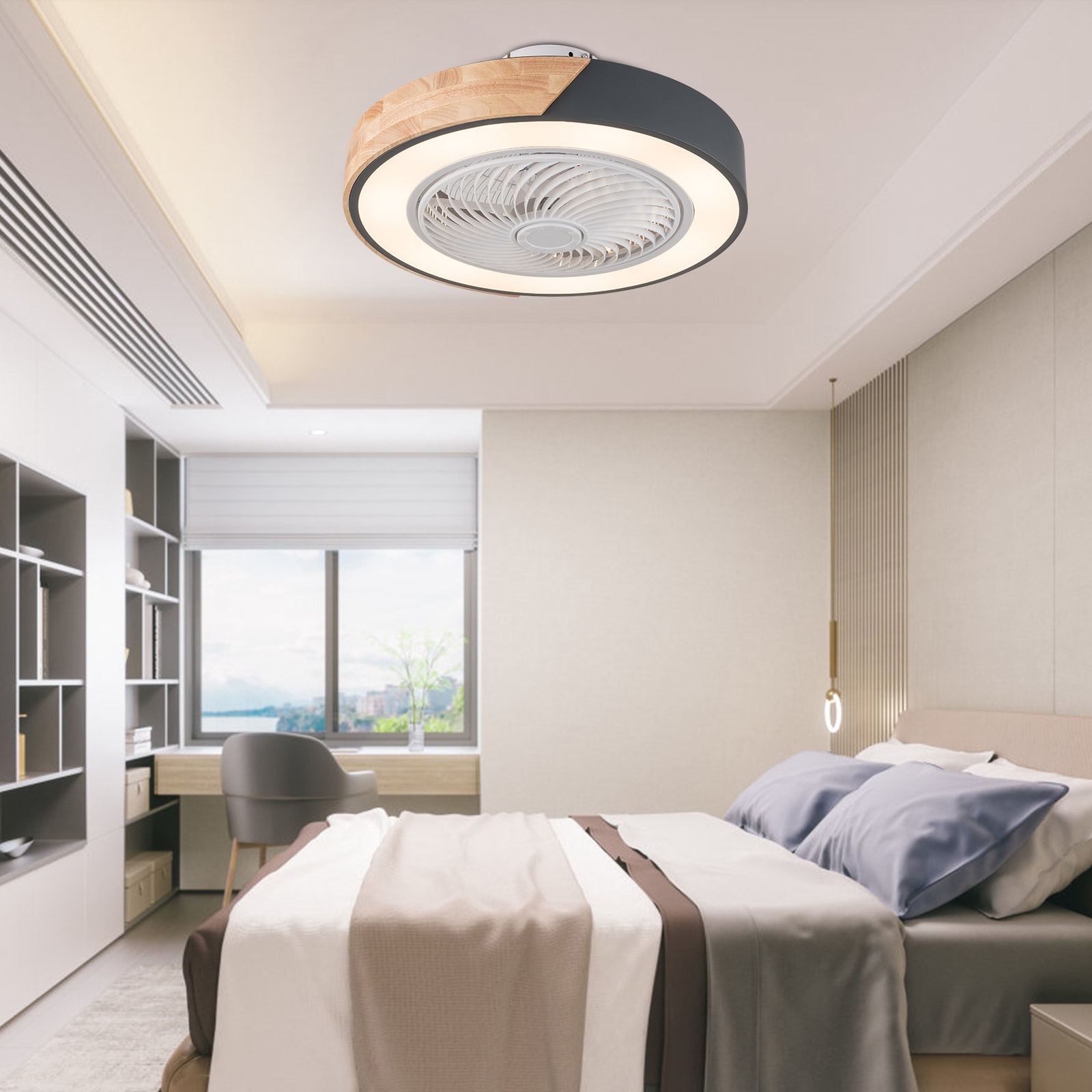 Oukaning HG-HCXLST-3871-US-BT 21.6-in Color-Changing Integrated LED Flush Mount Macaroon Wood 6-Speed Reversible with ABS Blades Fandelier Ceiling Fan With Light - Remote Included ( 5 -Blade )