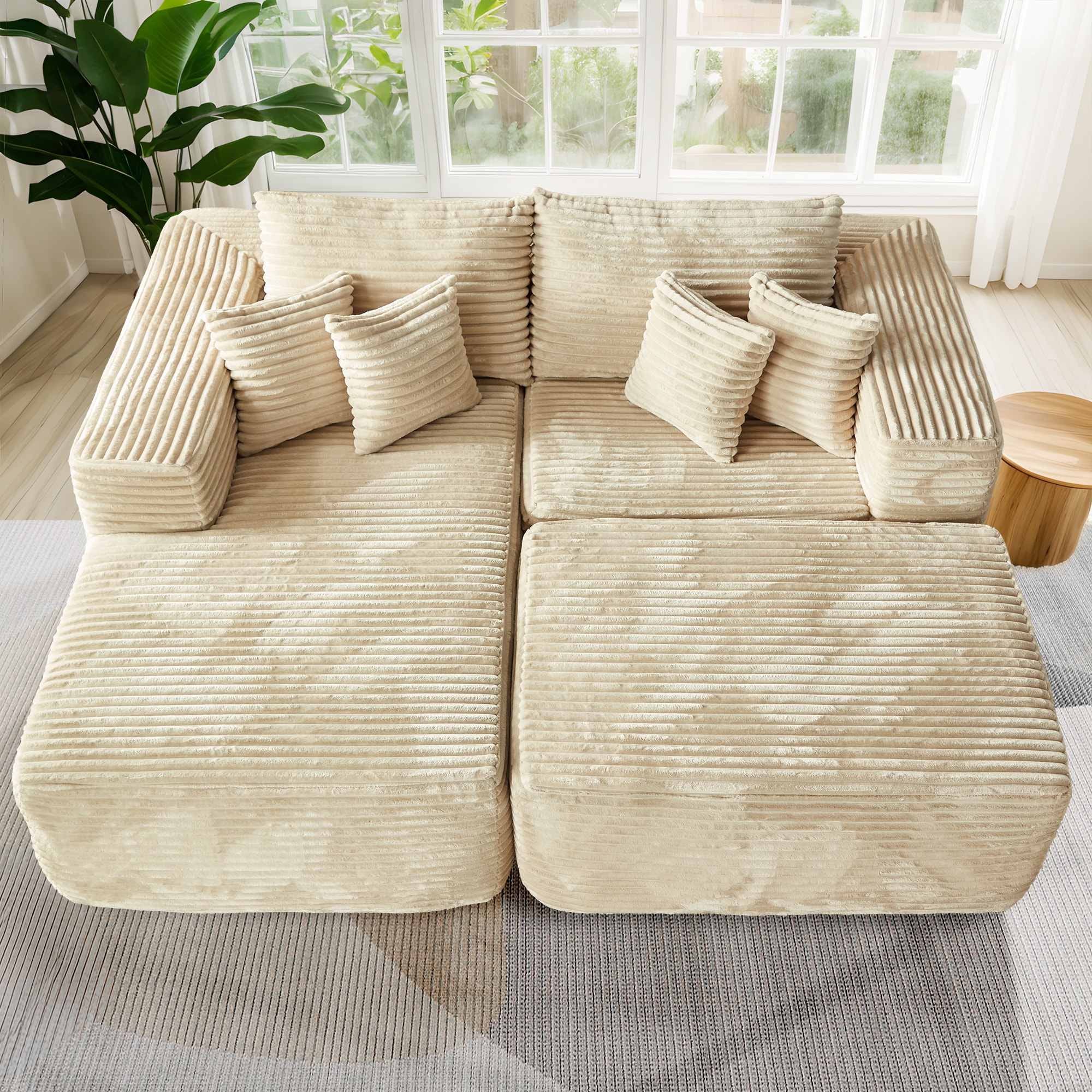 Pouuin SMOMO-240L 79.92-in Modern Beige Plush Corduroy 2 -seater Sectional