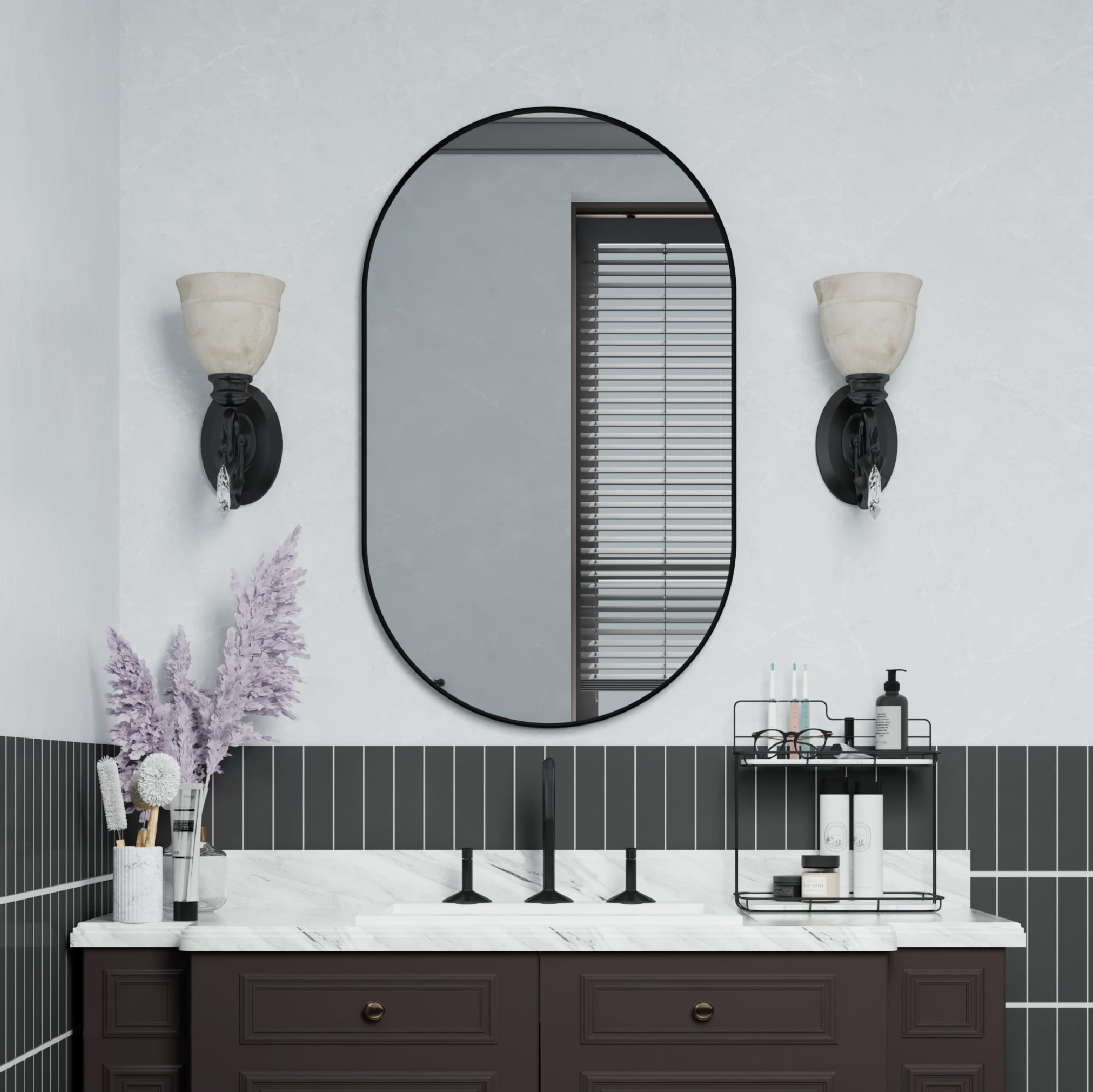 Forclover HF2MR2440MB 24-Inches W x 40-Inches H Oval Matte Black Framed Wall Mirror