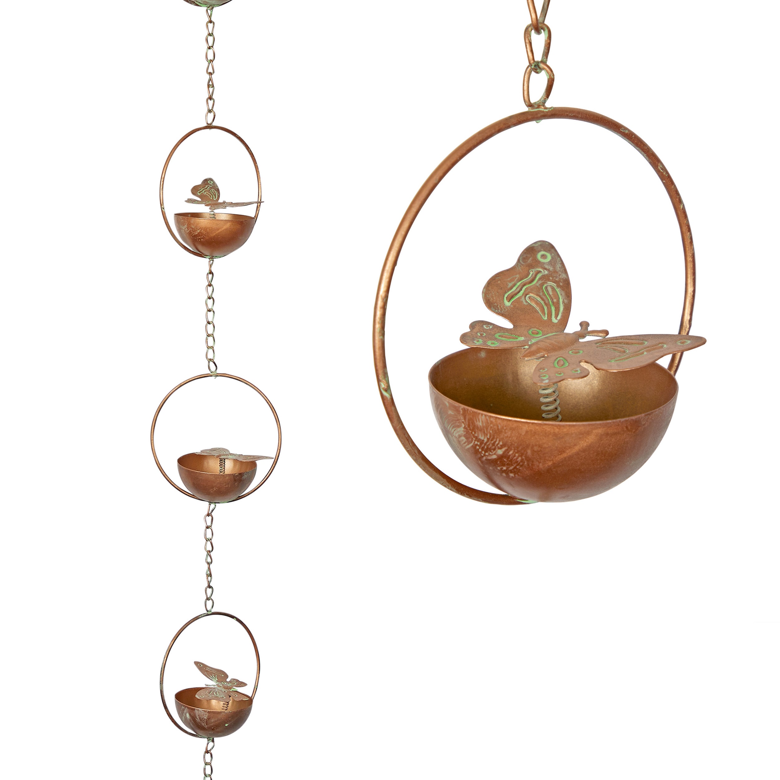 Copper Iron Hanging Butterfly Rain Chain with Spring, 73" Outdoor Decor