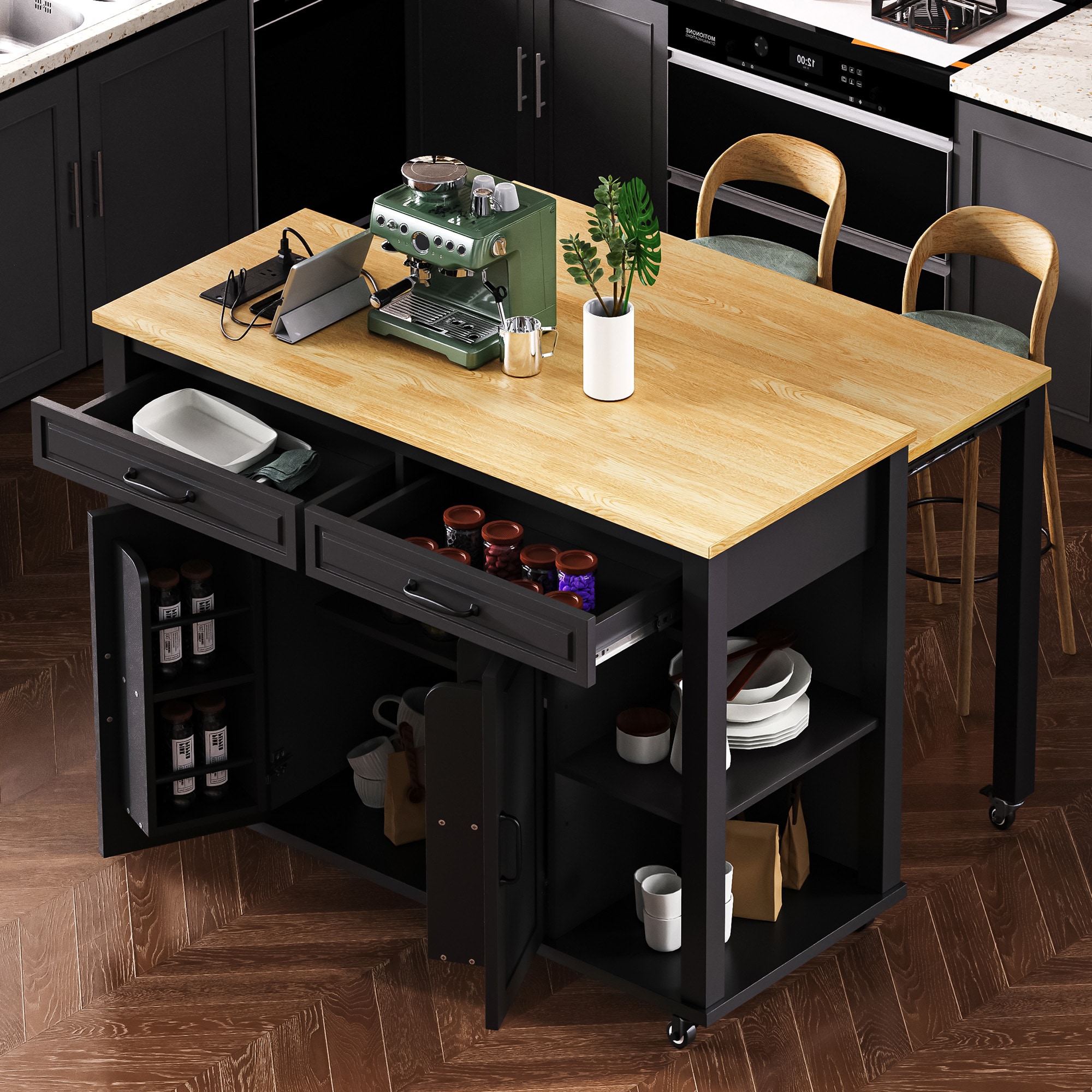 ModernLuxe N707P215327B 47 inch Kitchen Island with Extendable Dining Table Rubber Wood Veneer Kitchen Table with Internal Storage Rack Power Outlet Kitchen island with Storage 2 Drawers 2 Cabinet Black