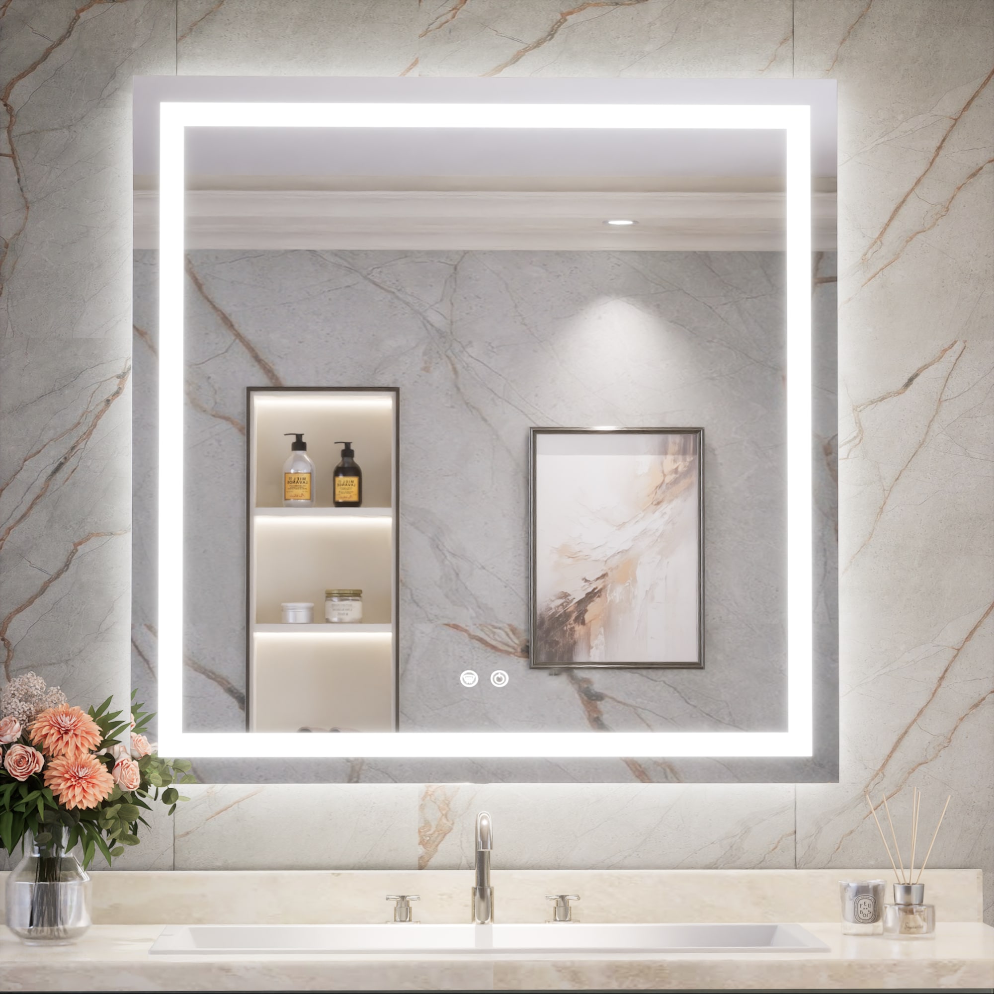 Keonjinn LW-ZBGFXFJ-9191F Bathroom Mirrors 36-in x 36-in Polished Frameless Square Dimmable LED Lighted Fog Free Bathroom Vanity Mirror ( Silver )