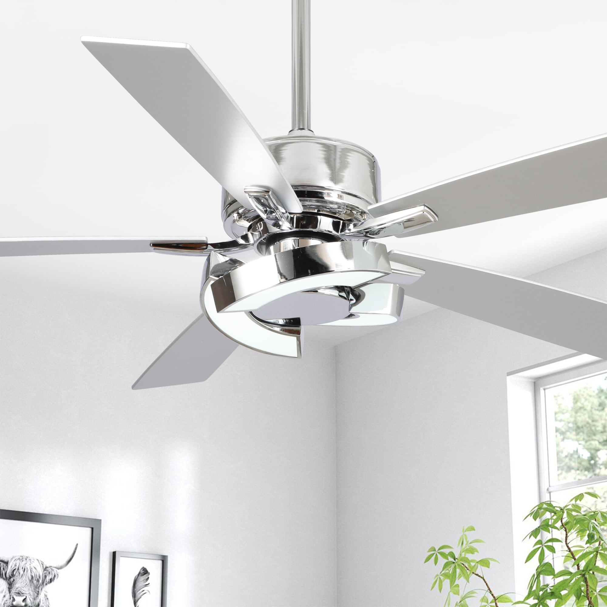 Parrot Uncle F6366CH110V 52-in Color-Changing Integrated LED Chrome with Walnut /Sliver Blades Ceiling Fan With Light - Remote Included ( 5 -Blade )