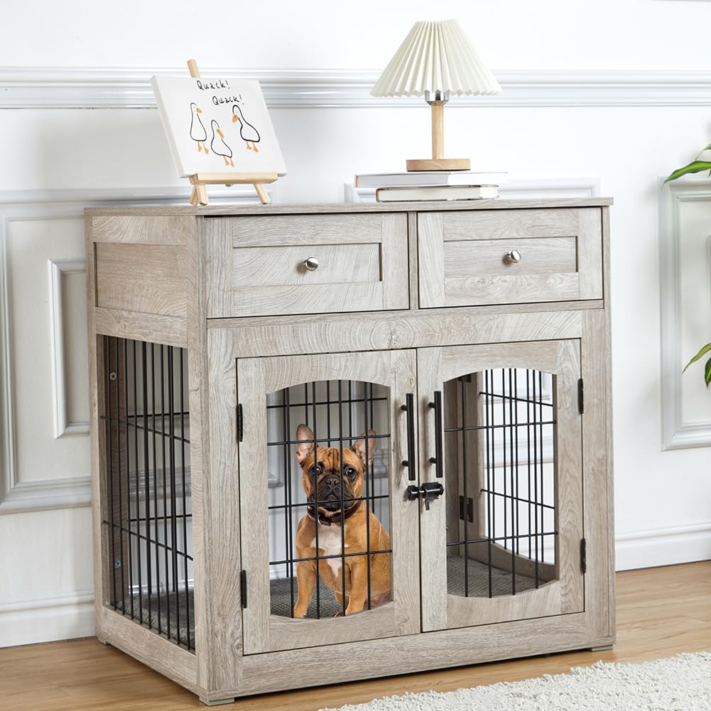 DEXSO Modern Dog Crate Furniture 3 Doors 2 Drawers Gray