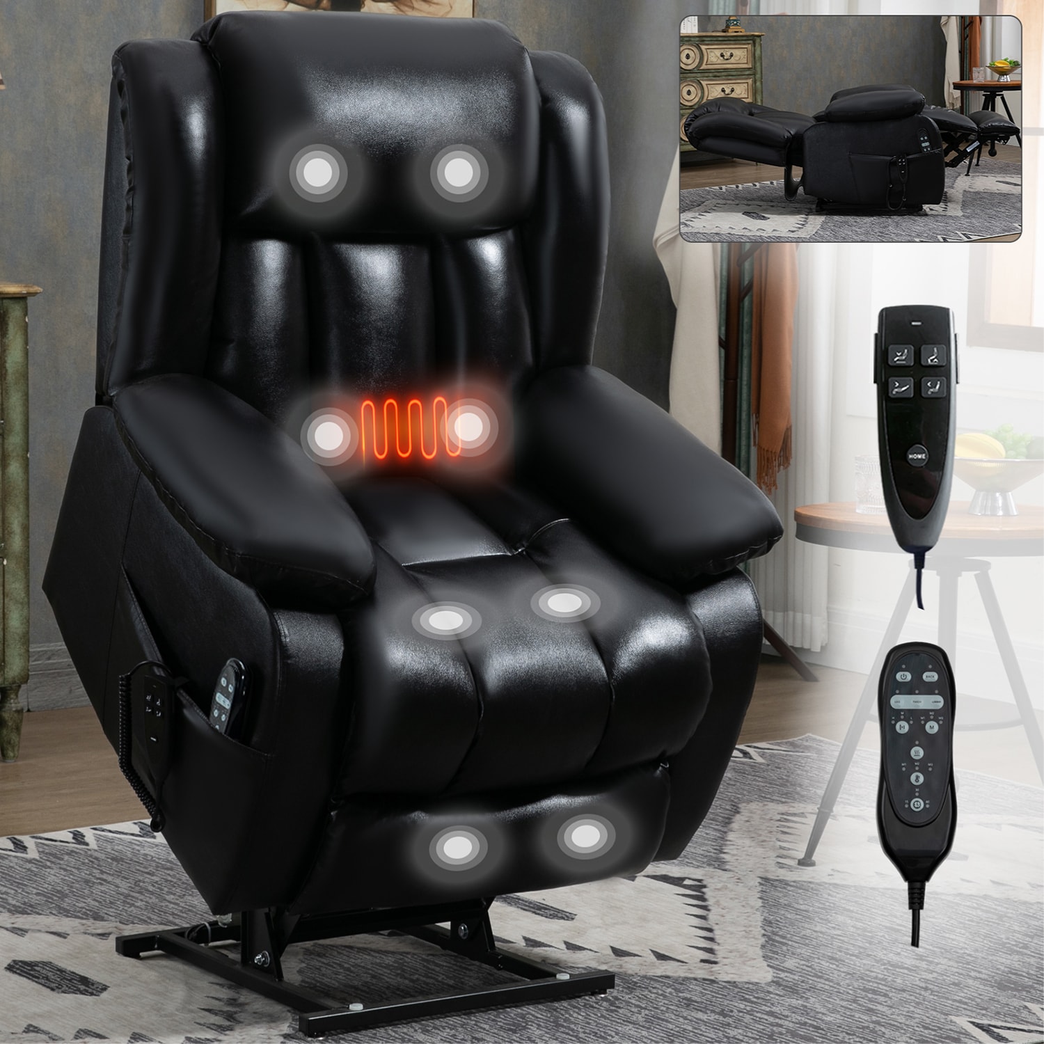 GZMR GZ-W1803RC43 350LBS Genuine Leather Dual Motor Lift Recliner Chair Black Leather Upholstered Powered Reclining Recliner with Lift Assistance
