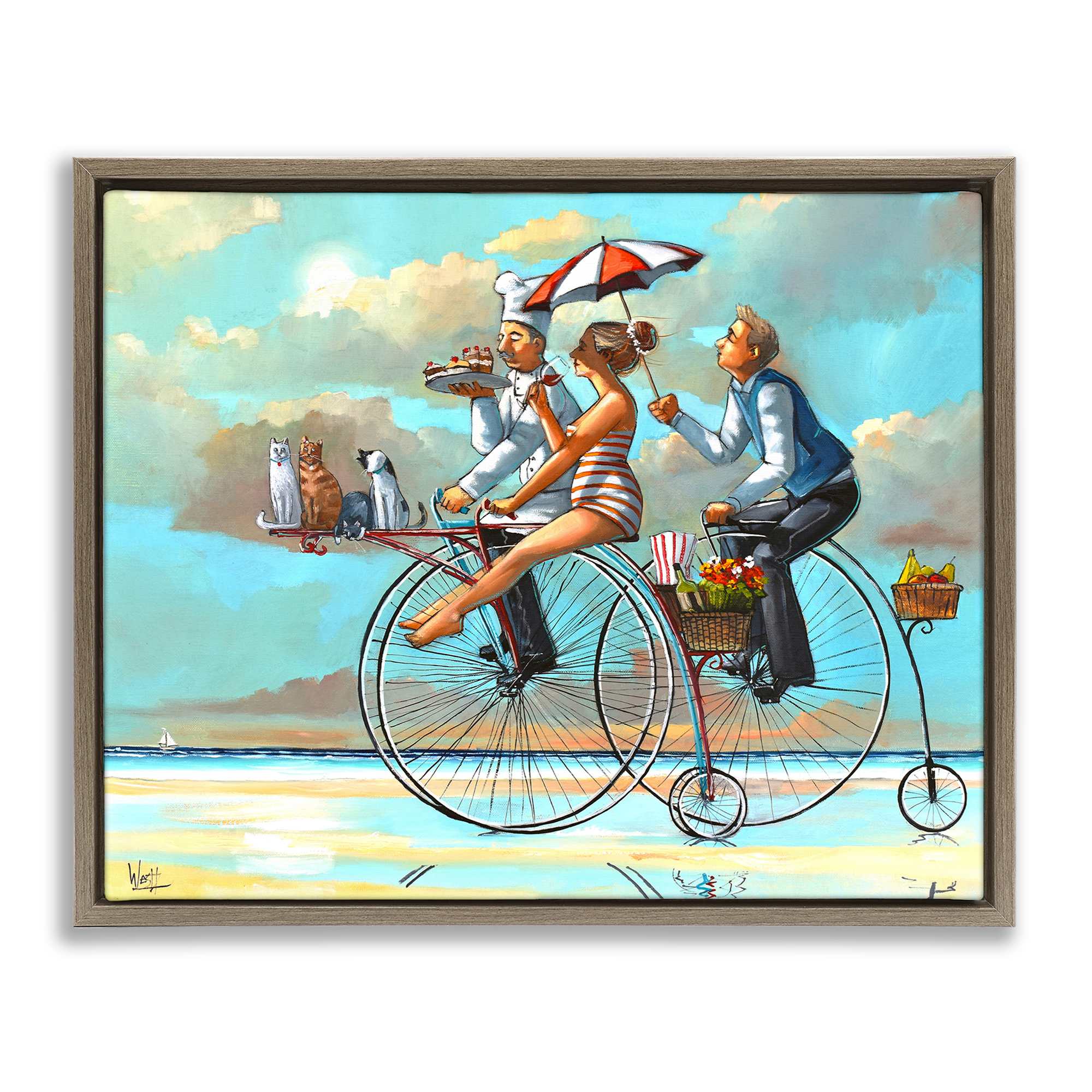 Stupell Industries BS-769-FFE-16X20 Woman and Butler Bicycle Ride Brown Framed Floater Canvas Wall Art By Ronald West 21 x 17