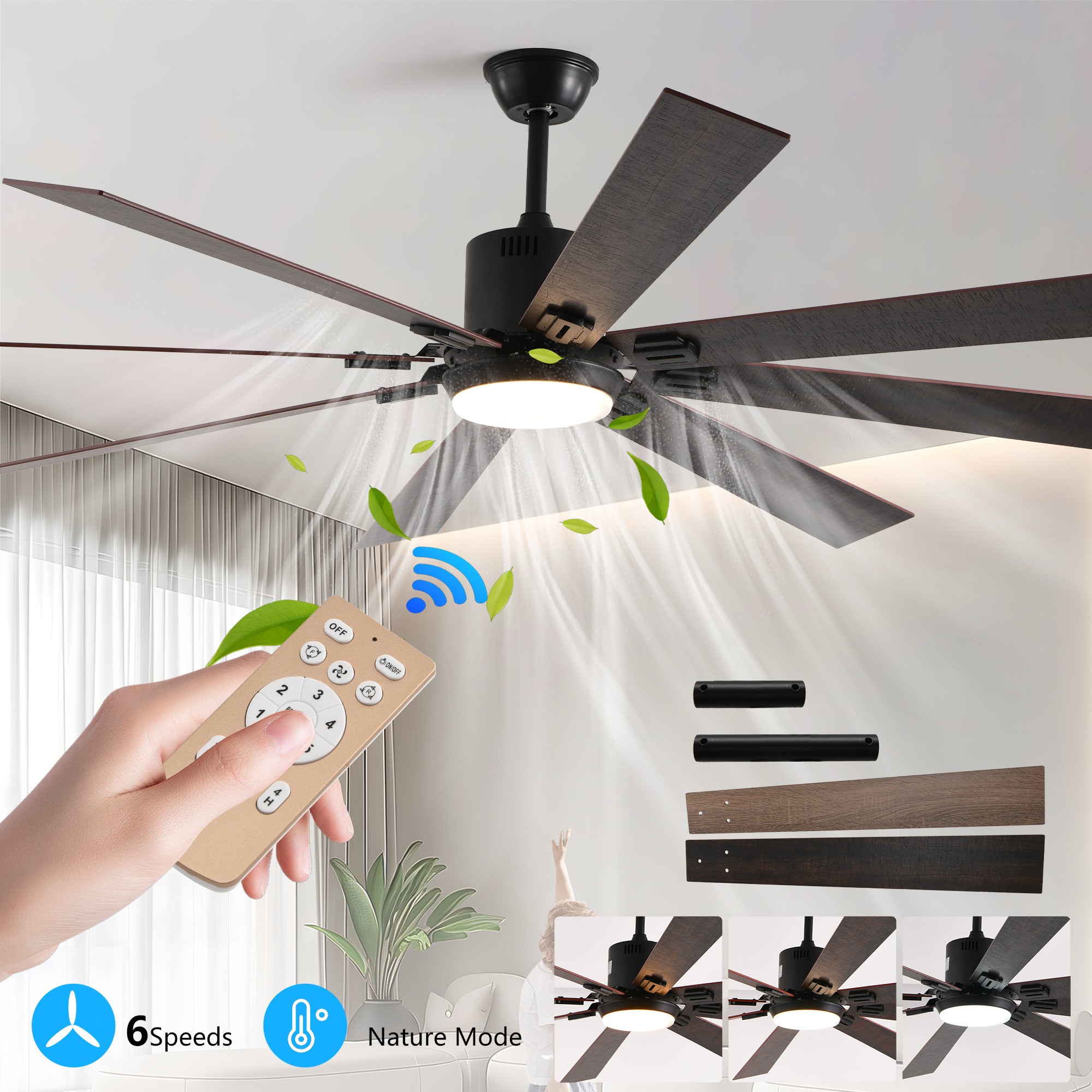 ToolCat BZ-3-126-SN 72-in Integrated LED Outdoor Black with Black Blades Ceiling Fan With Light and Remote ( 8 -Blade )
