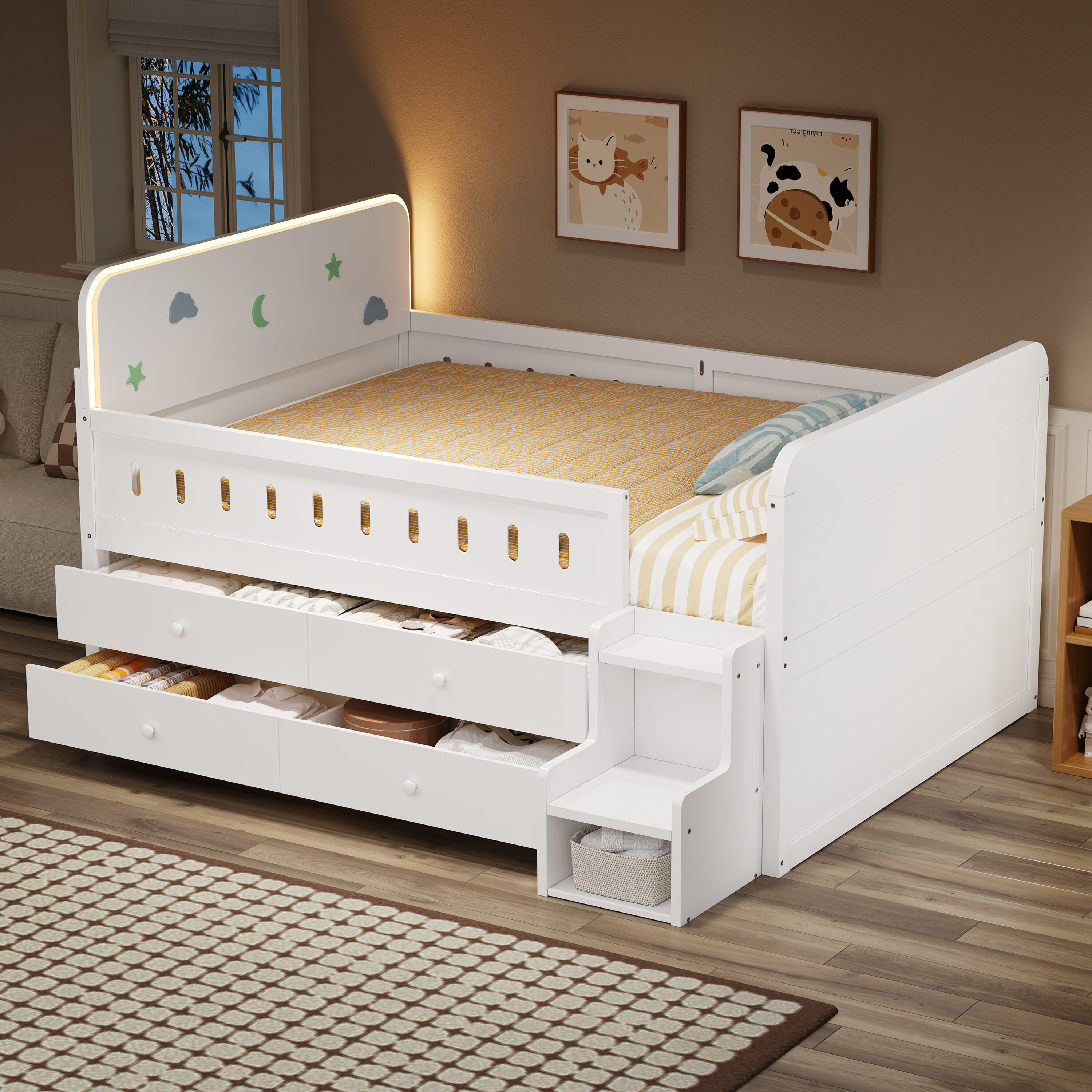 Wooden Full Size Bed with LED Light  Storage Drawers  White
