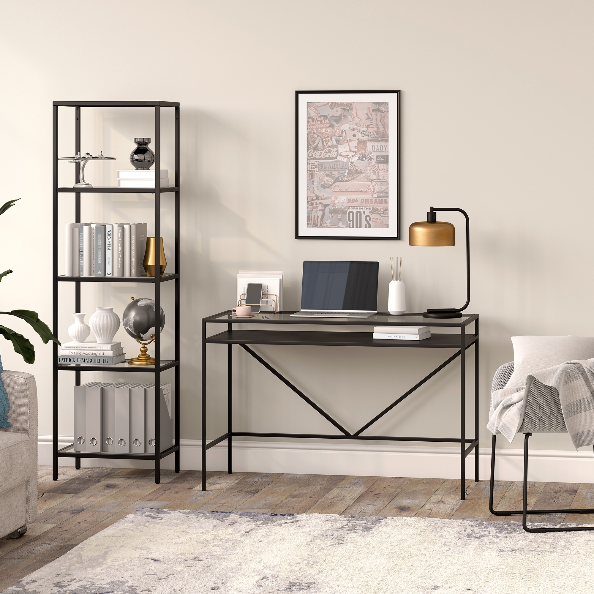 Sleek Blackened Bronze Desk with Tempered Glass Top and Metal Shelf