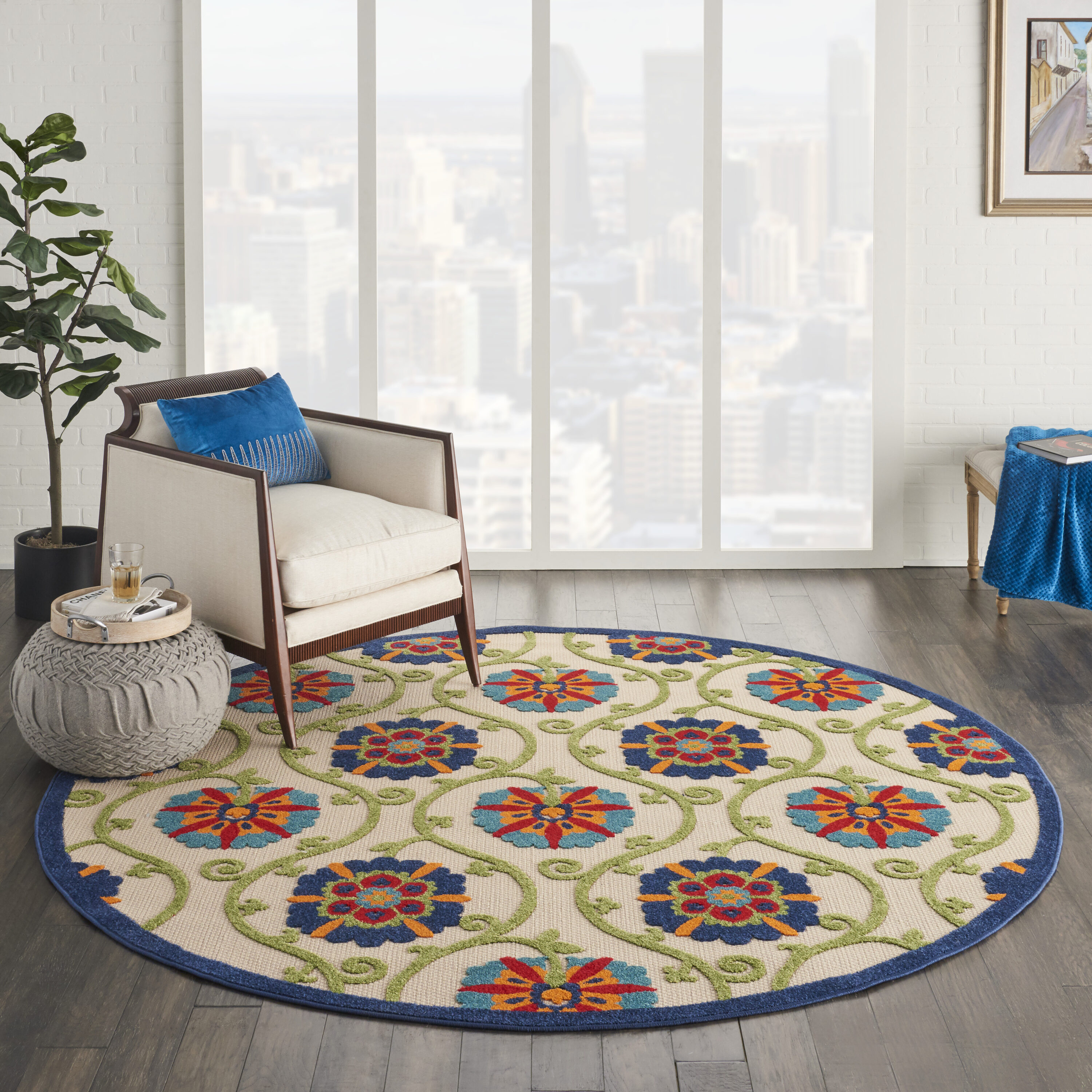 Nourison 99446498786 Aloha 8 x 8 (ft) Loomed Polypropylene Blue/multicolor Round Indoor/Outdoor Floral/Botanical Coastal Area rug