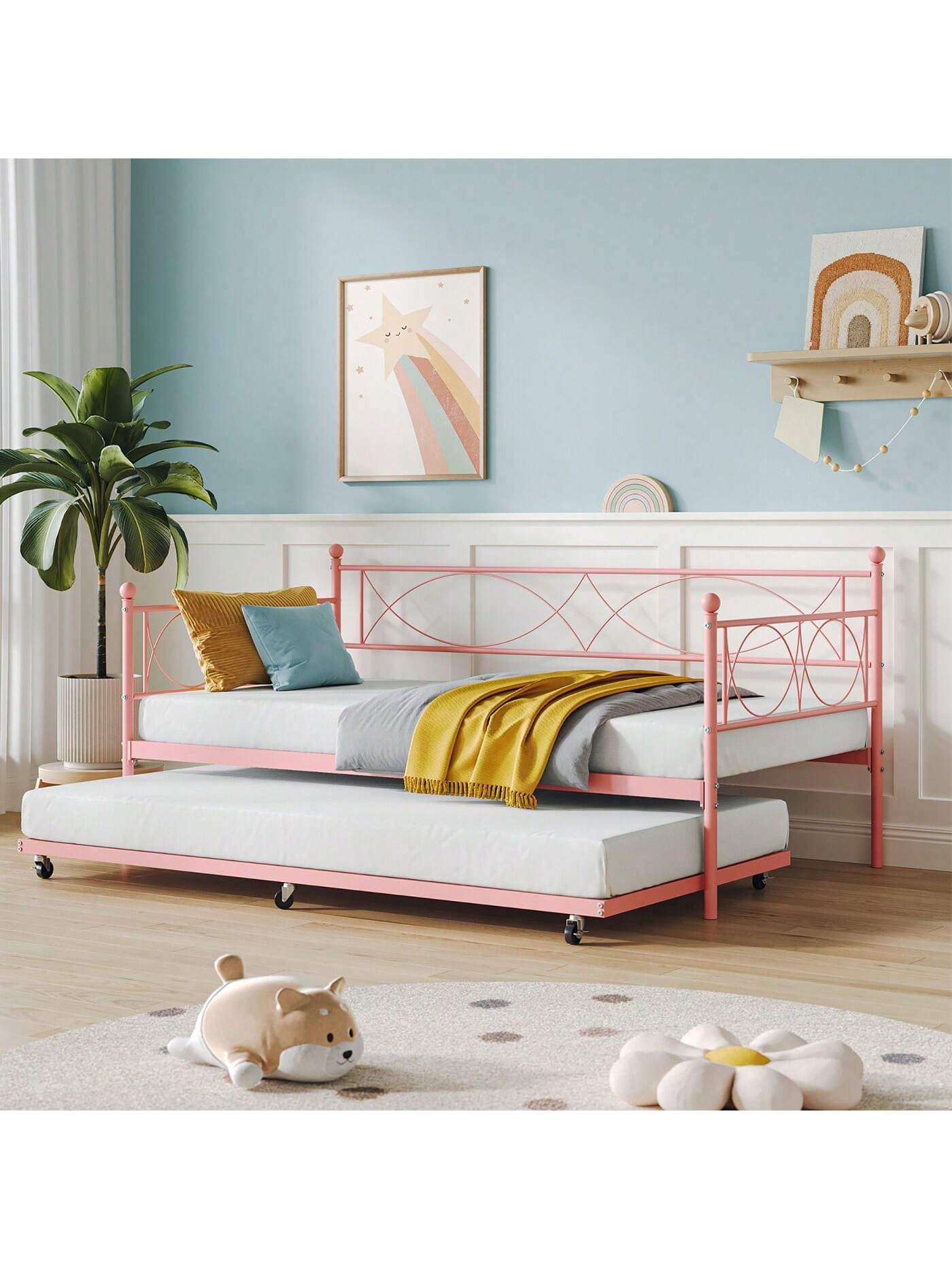 Qeetex PHO-15DL02NS-HF4 Twin Size Bed With Pull Out Trundle. Metal Twin Daybed And Trundle Set. Day Bed Sofa Bed Frame With Steel Slat Support. Multifunctional Daybed Frame For Bedroom. Living Room. Guest Room.Black/White/Pink
