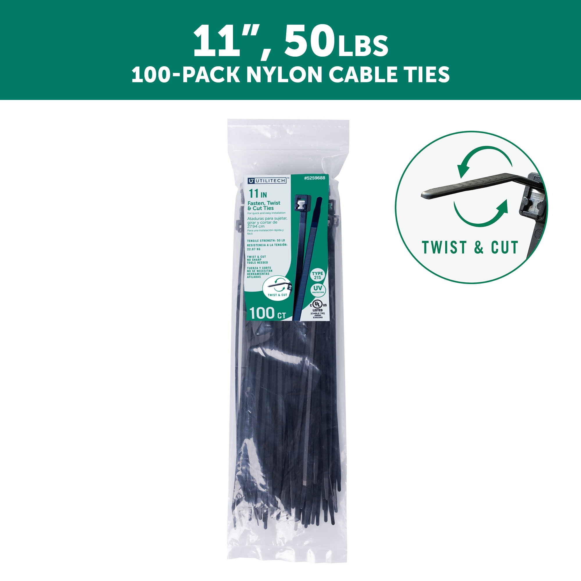 Utilitech 11-in Nylon Twist and Cut Cable Ties Black with UV Protection (100-Pack)