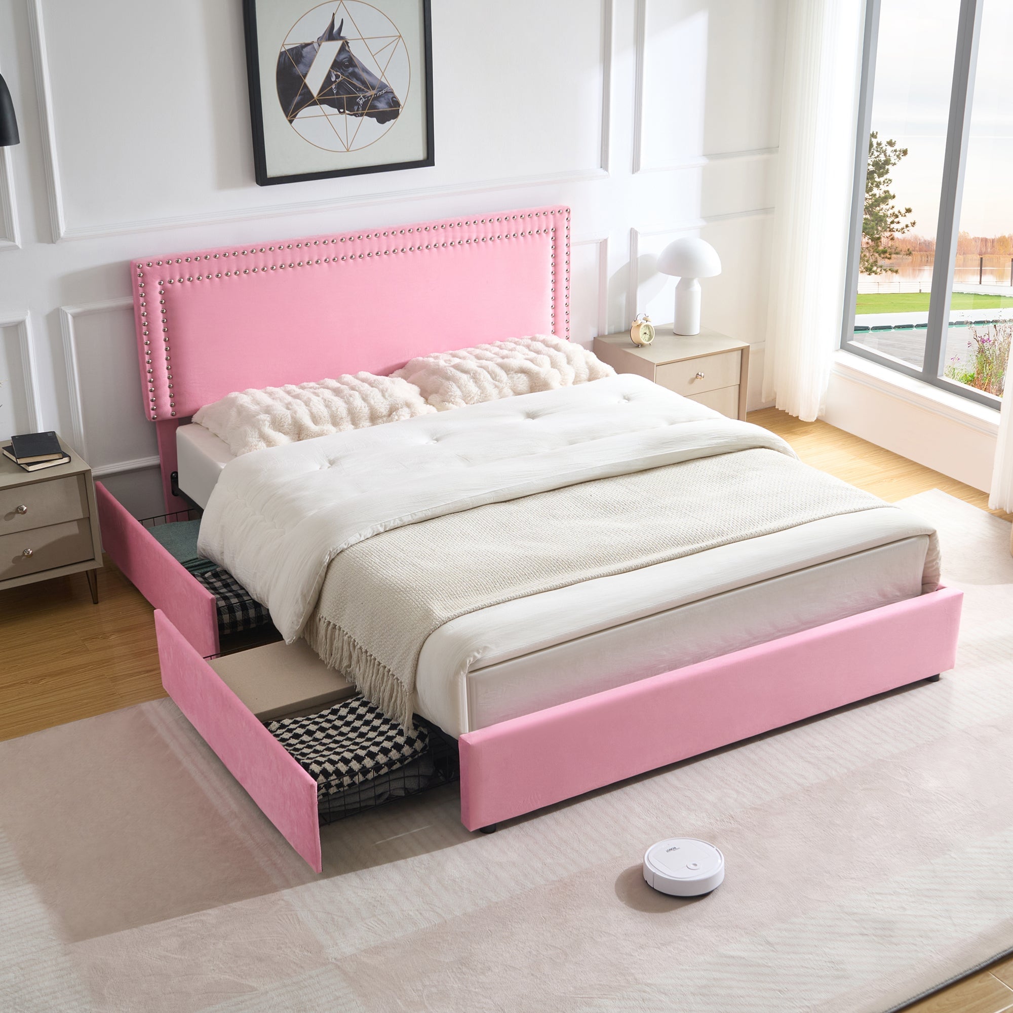Vecelo LOE-CY-FB05-UP-PNK Full Velvet Upholstered Platform Bed Frame with Four Storage Drawers and Adjustable Headboard Pink
