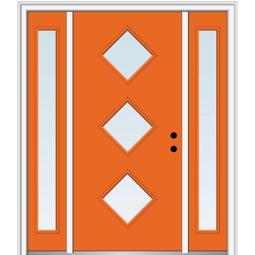 MMI DOOR ZZ346266L Spotlights 60-in x 80-in x 4-9/16-in Fiberglass Pulse lite Left-hand inswing Tangerine Painted Prehung Front Door with Sidelights with Brickmould Insulating core