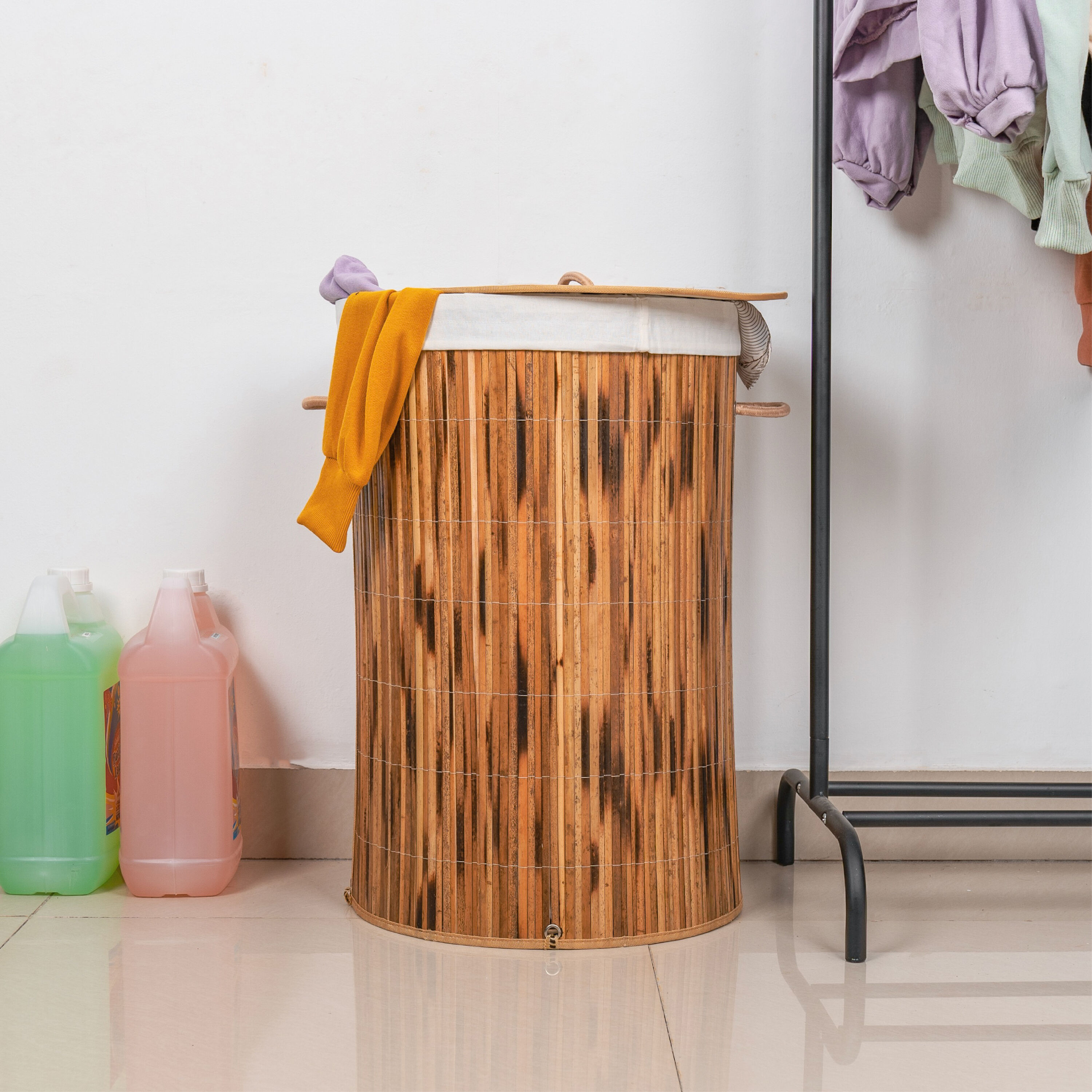 Round Bamboo Collapsible Laundry Hamper with Lid and Handles