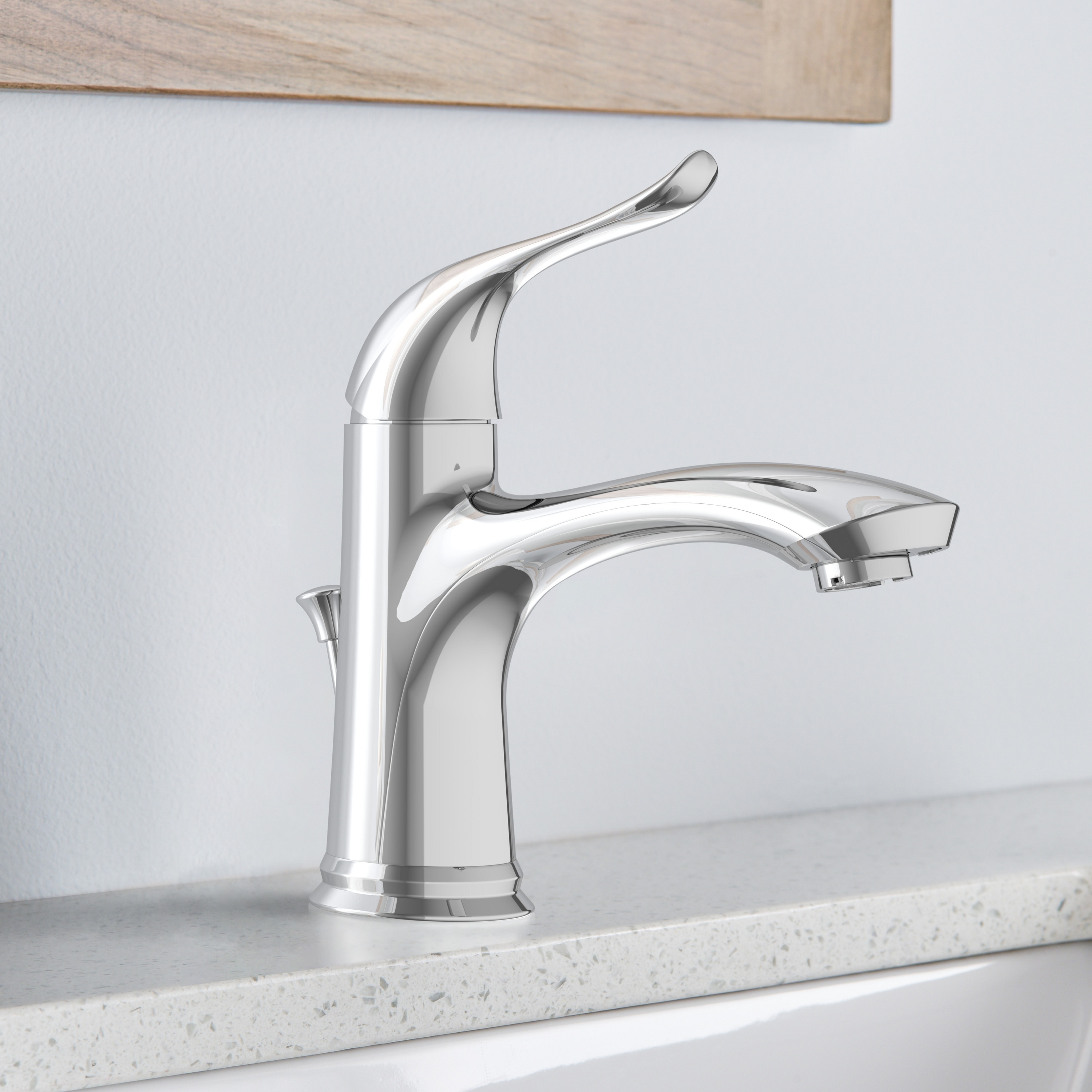 Project Source FS1A9260CP Fallon Chrome 4-in centerset 1-handle WaterSense Mid-arc Residential Handle Bathroom Sink Faucet with Drain with Deck Plate