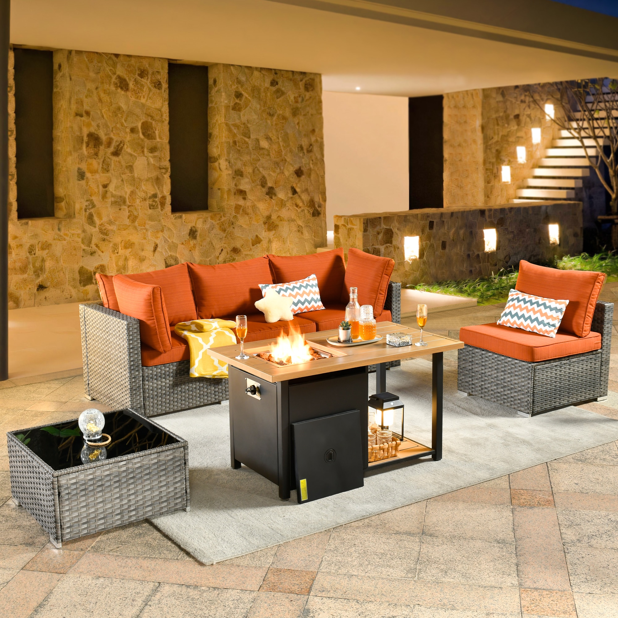 weaxty DDFPRRS806 Kuuga 6 -Piece Rattan Patio Conversation Set with Orange Cushions